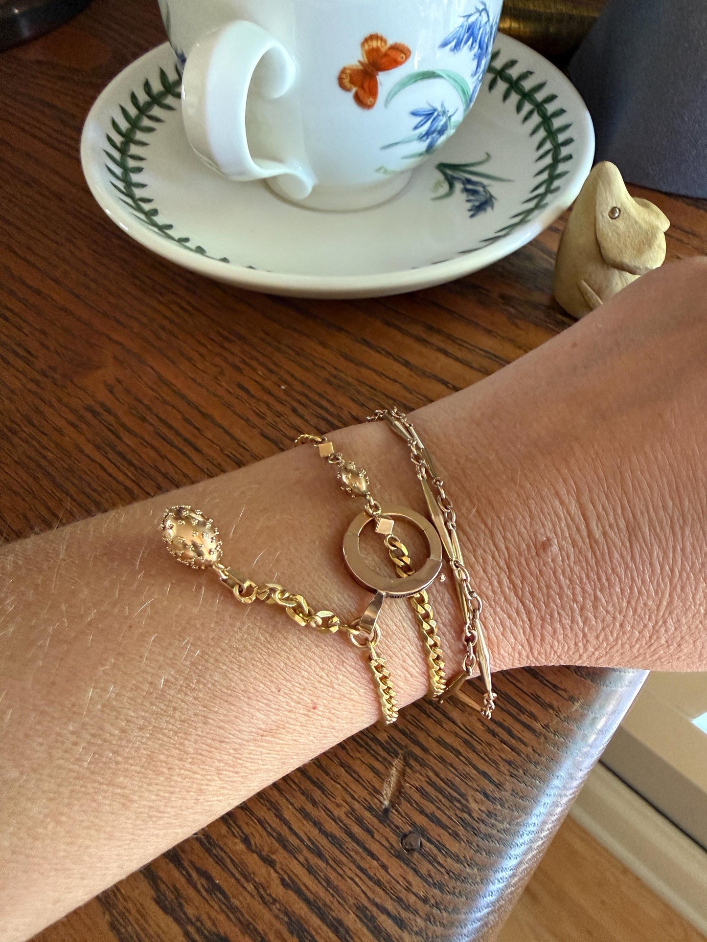 French Antique Albertina Watch Chain Cube Sputnik Ball Rivet Charms 9.3g 18k GOLD Solid Curb Link XL Spring Ring Extender Bracelet Connector