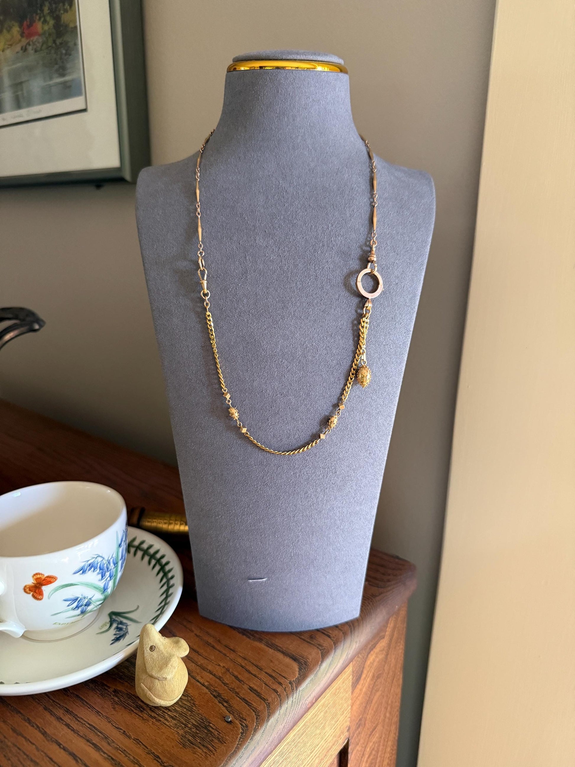 French Antique Albertina Watch Chain Cube Sputnik Ball Rivet Charms 9.3g 18k GOLD Solid Curb Link XL Spring Ring Extender Bracelet Connector
