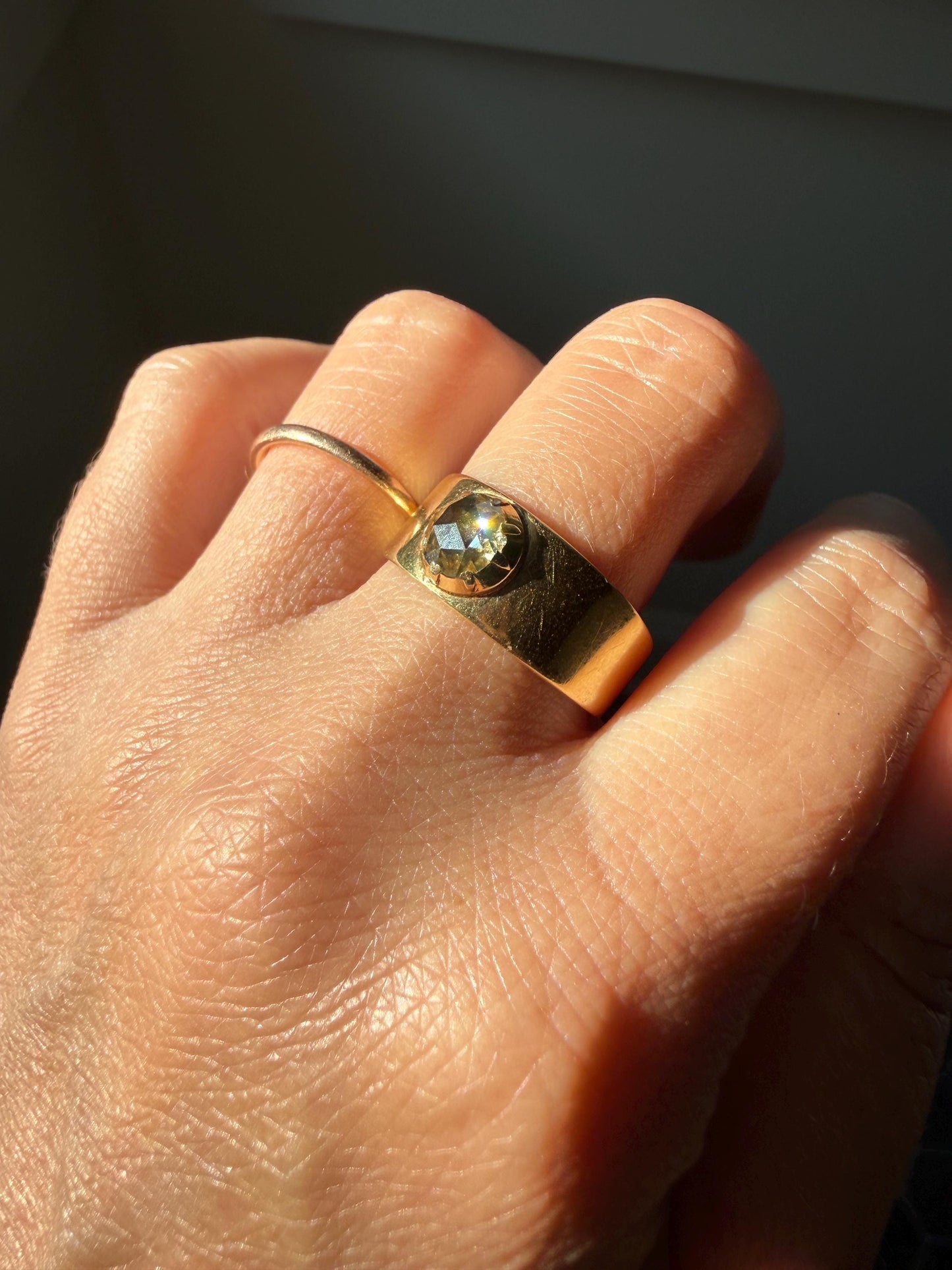 CHUNKY Antique Dome 5.9mm Rose Cut Diamond Ring 8.3mm Wide Cigar Band 4.5g 18k Gold Unisex Stacker Peachy Golden Champagne Disco Ball Collet