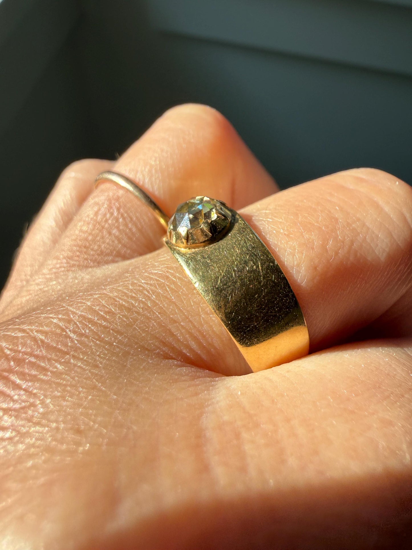 CHUNKY Antique Dome 5.9mm Rose Cut Diamond Ring 8.3mm Wide Cigar Band 4.5g 18k Gold Unisex Stacker Peachy Golden Champagne Disco Ball Collet