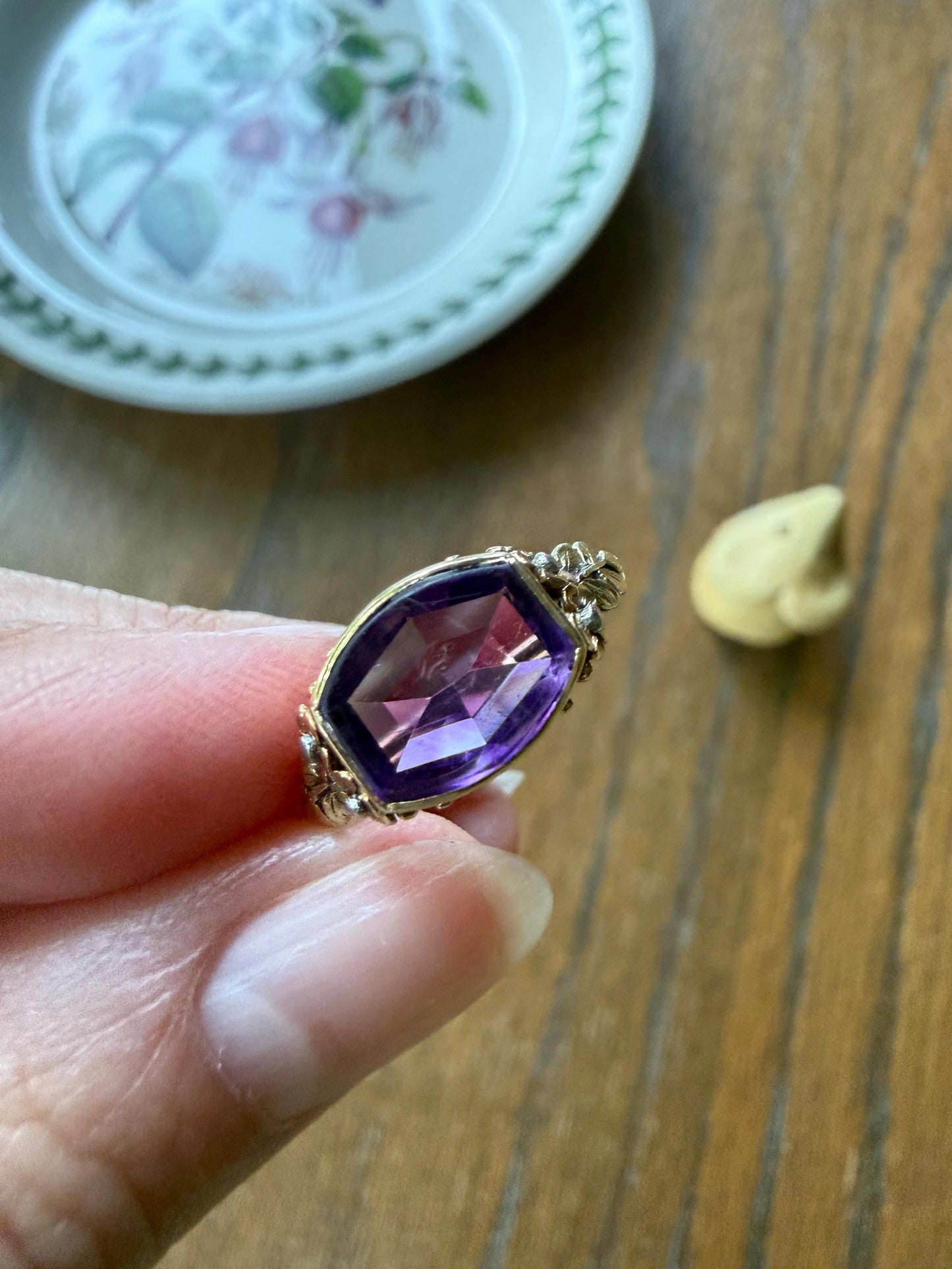 FLORAL Antique AMETHYST Buff Top Purple 18k Tricolor Gold Rose Green French Figural Bead Rivet Forget Me Not Flowers