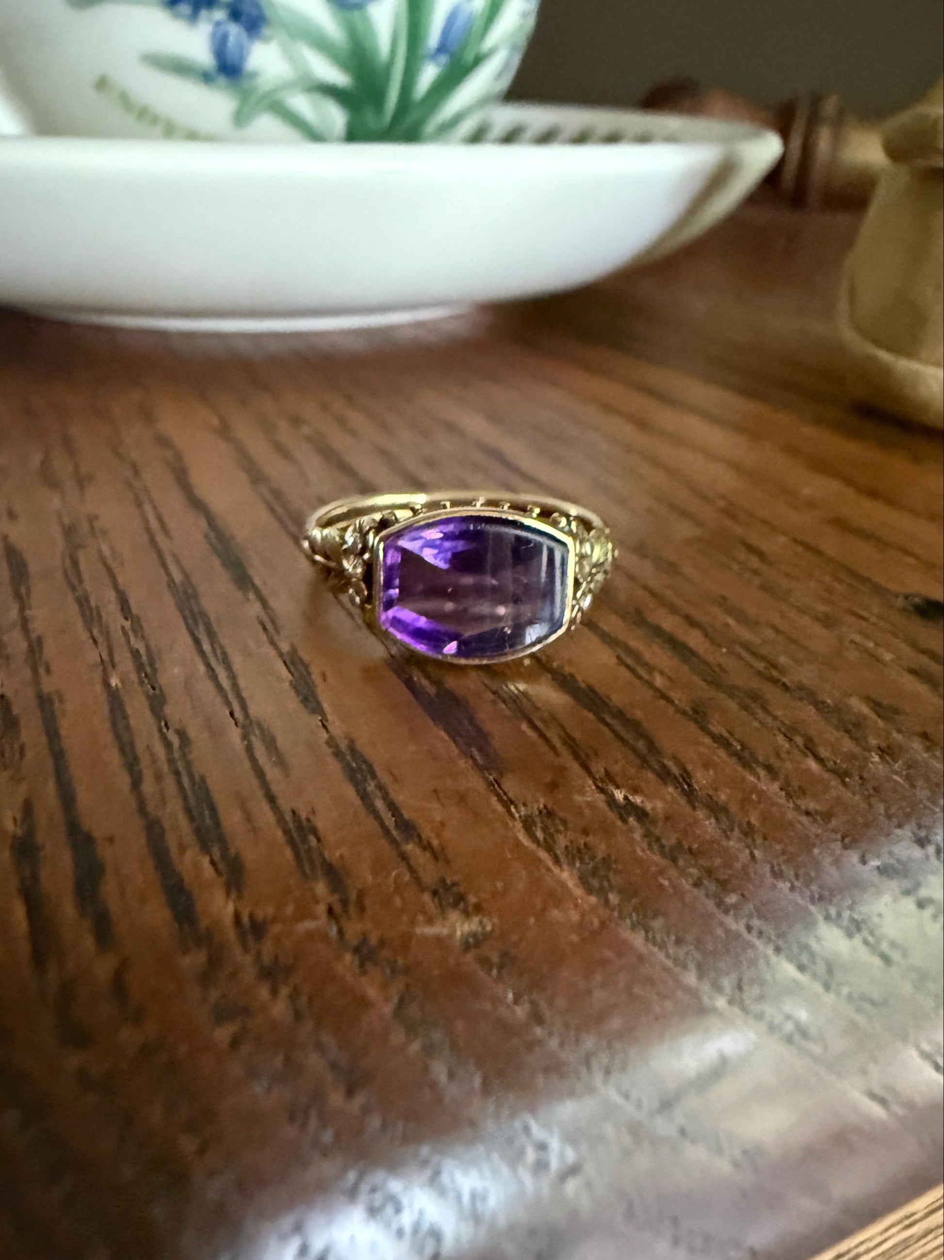 FLORAL Antique AMETHYST Buff Top Purple 18k Tricolor Gold Rose Green French Figural Bead Rivet Forget Me Not Flowers