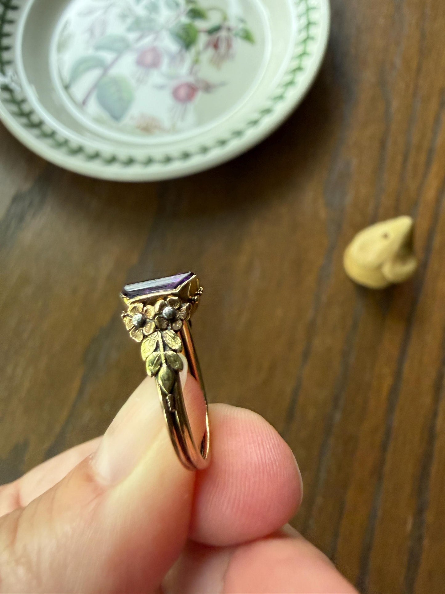 FLORAL Antique AMETHYST Buff Top Purple 18k Tricolor Gold Rose Green French Figural Bead Rivet Forget Me Not Flowers