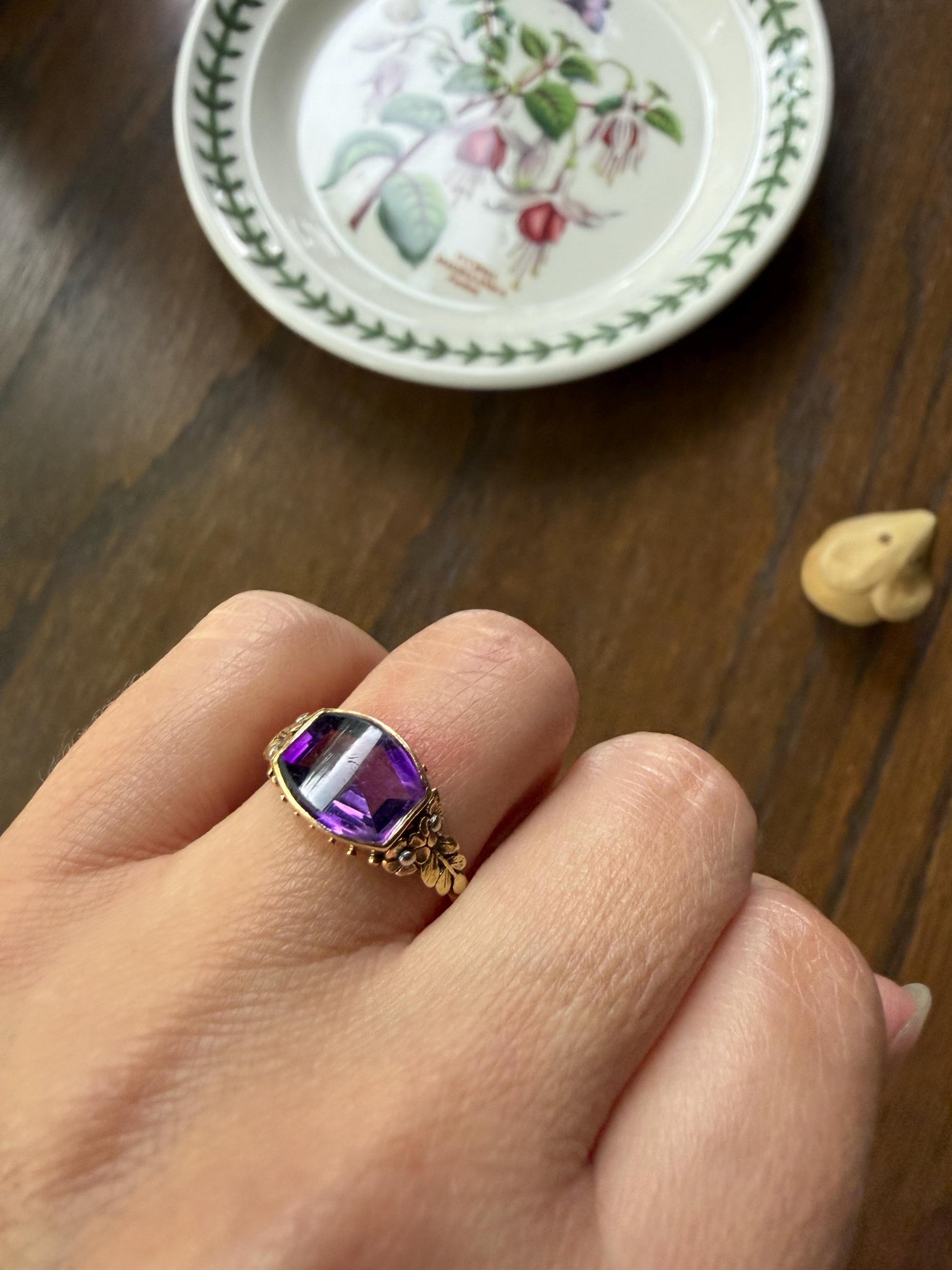 FLORAL Antique AMETHYST Buff Top Purple 18k Tricolor Gold Rose Green French Figural Bead Rivet Forget Me Not Flowers