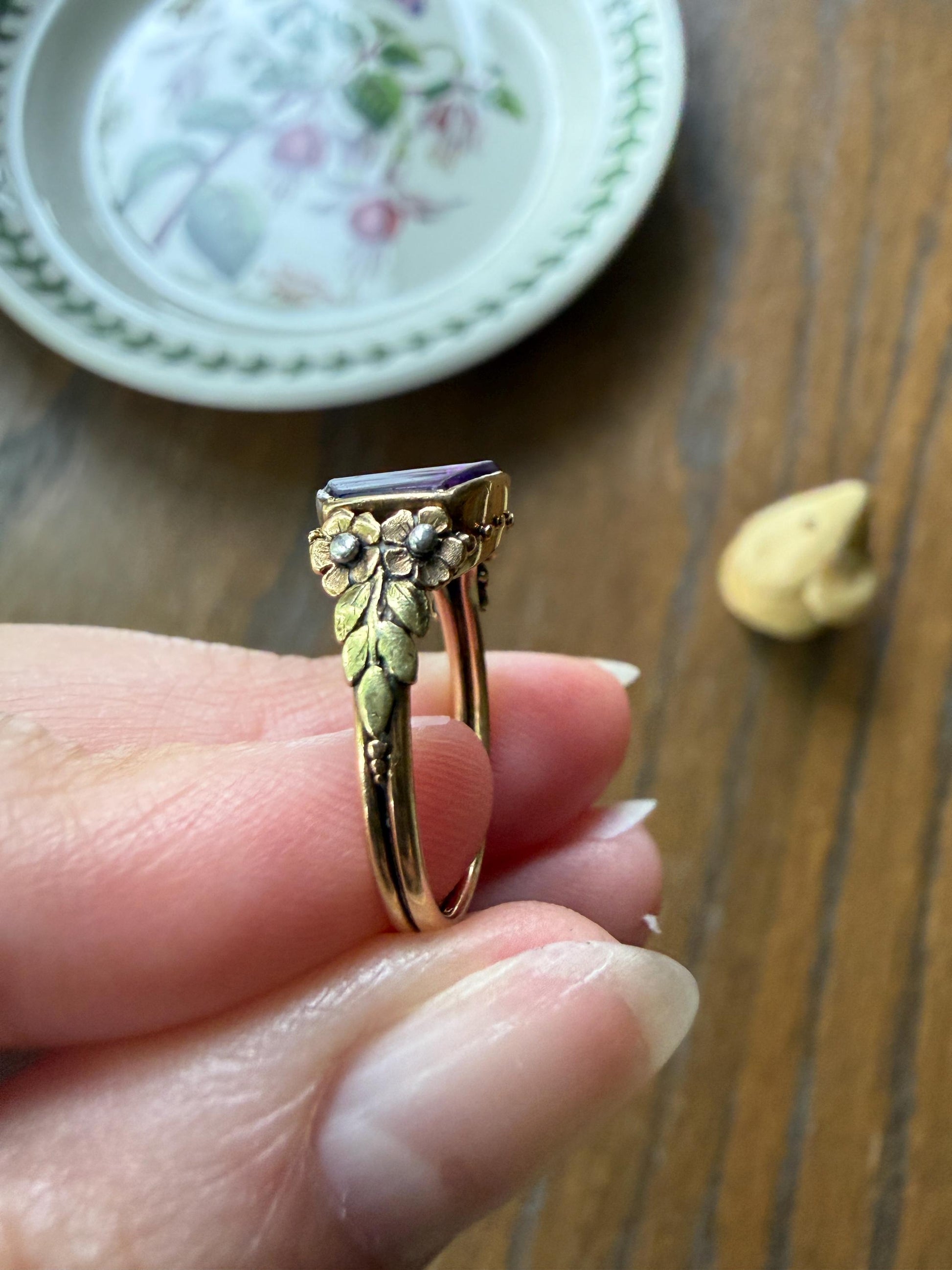FLORAL Antique AMETHYST Buff Top Purple 18k Tricolor Gold Rose Green French Figural Bead Rivet Forget Me Not Flowers