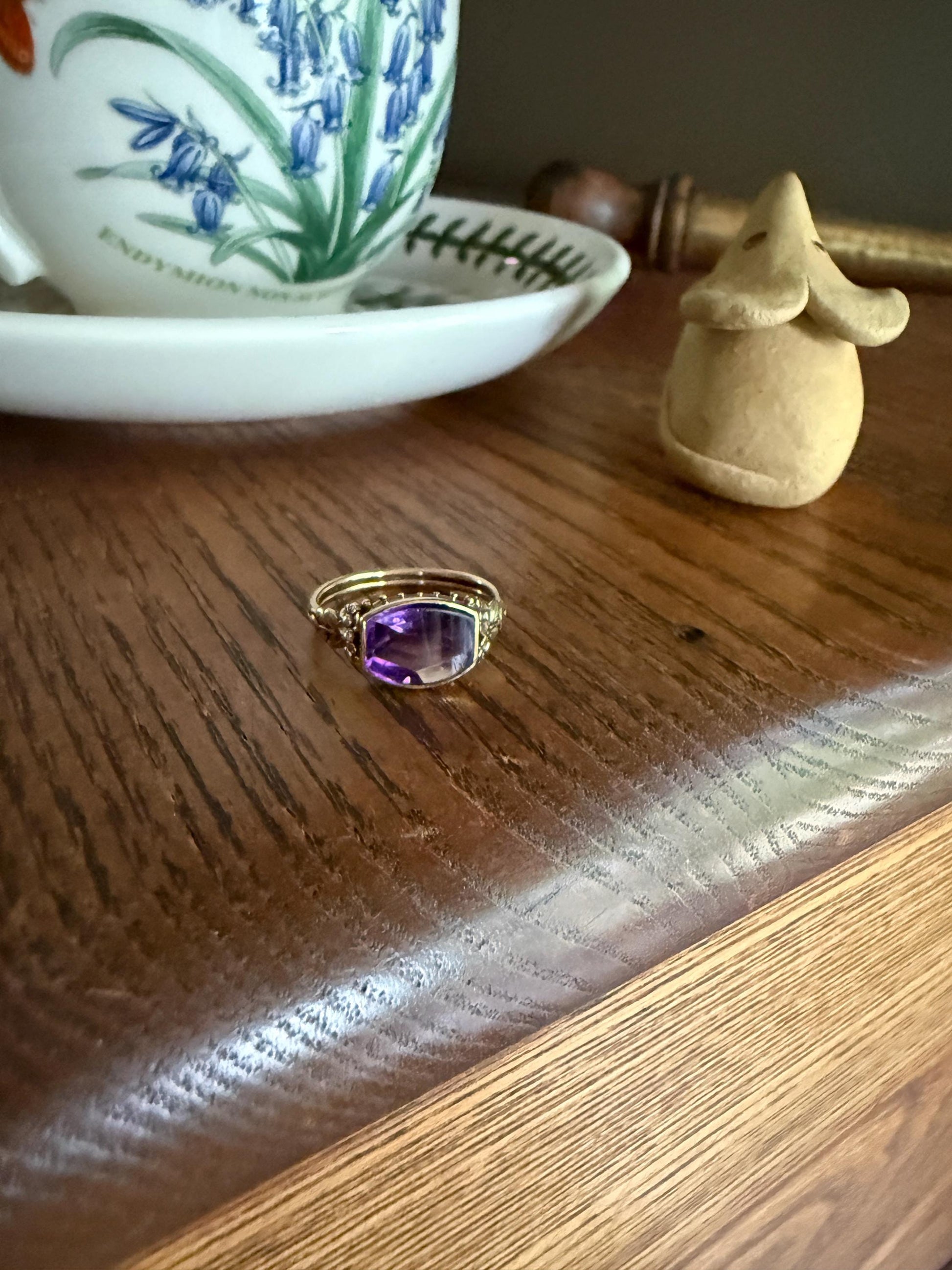 FLORAL Antique AMETHYST Buff Top Purple 18k Tricolor Gold Rose Green French Figural Bead Rivet Forget Me Not Flowers