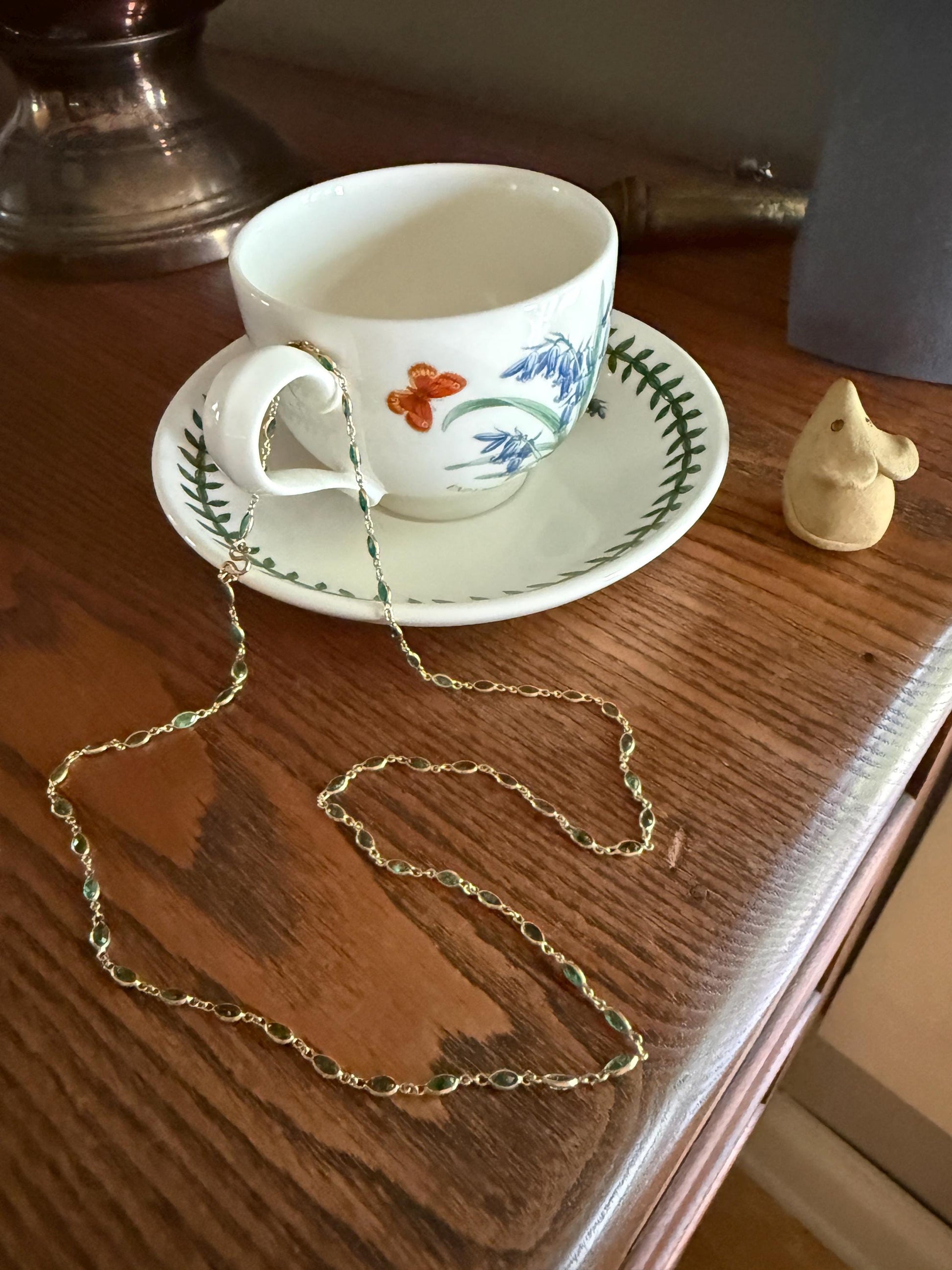 EMERALD 59 Marquise Green Bezel Set Station Chain Necklace 24" Long French Vintage Neckstack