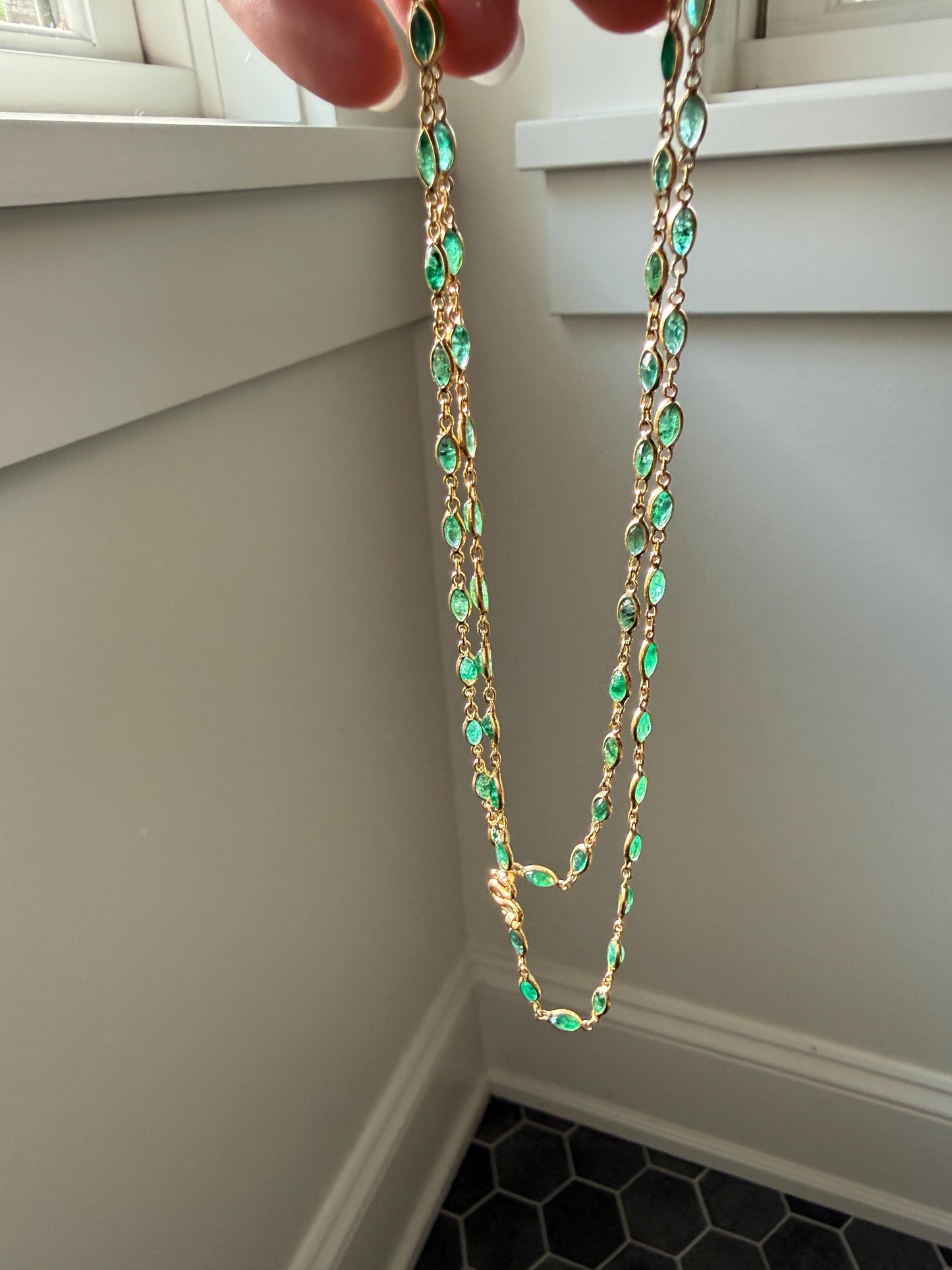 EMERALD 59 Marquise Green Bezel Set Station Chain Necklace 24" Long French Vintage Neckstack