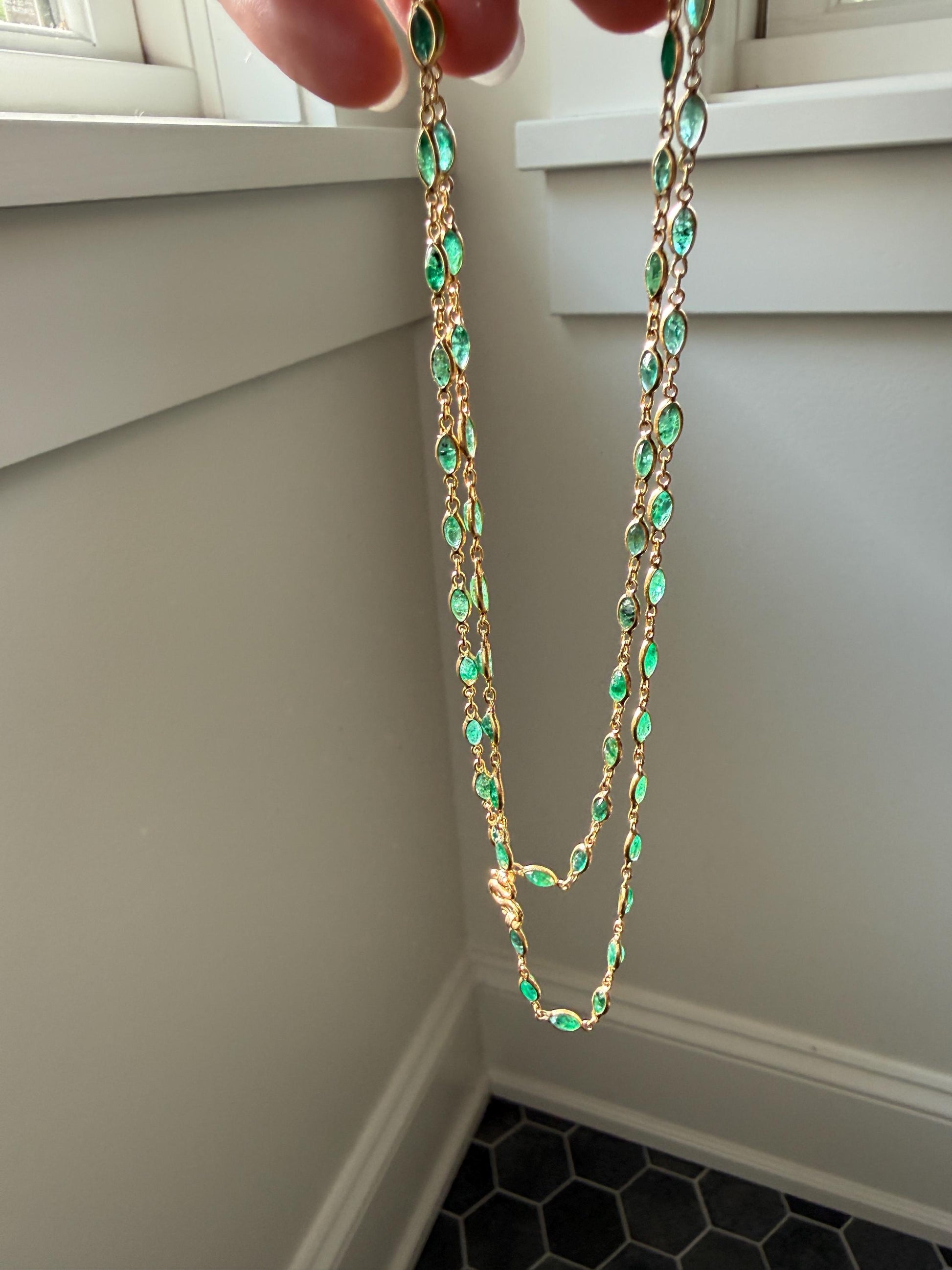 EMERALD 59 Marquise Green Bezel Set Station Chain Necklace 24" Long French Vintage Neckstack