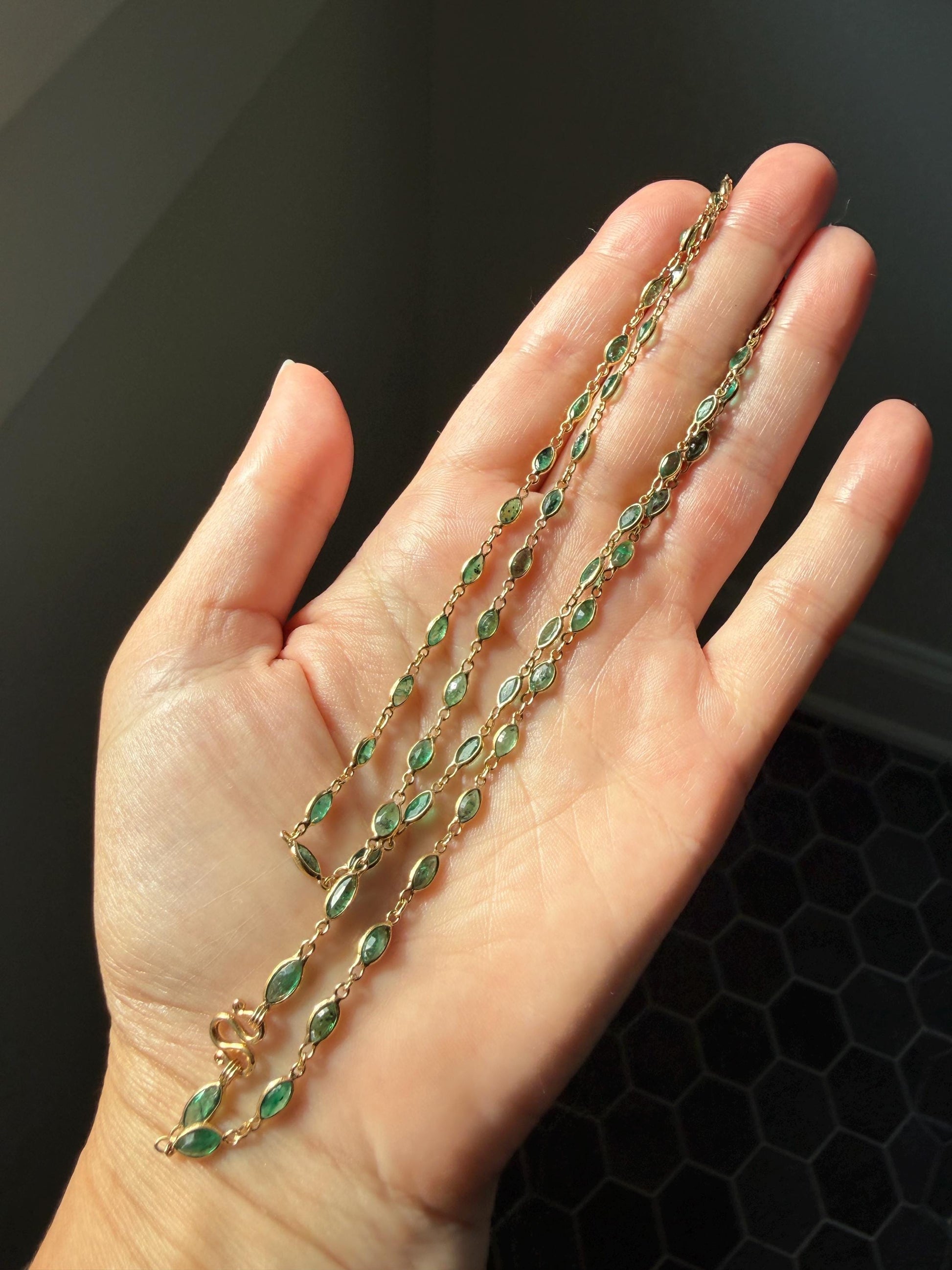 EMERALD 59 Marquise Green Bezel Set Station Chain Necklace 24" Long French Vintage Neckstack