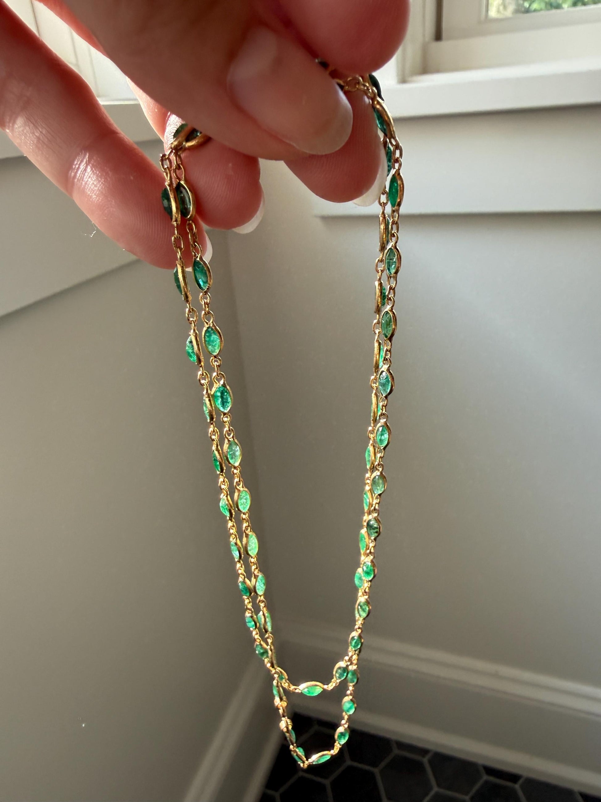 EMERALD 59 Marquise Green Bezel Set Station Chain Necklace 24" Long French Vintage Neckstack