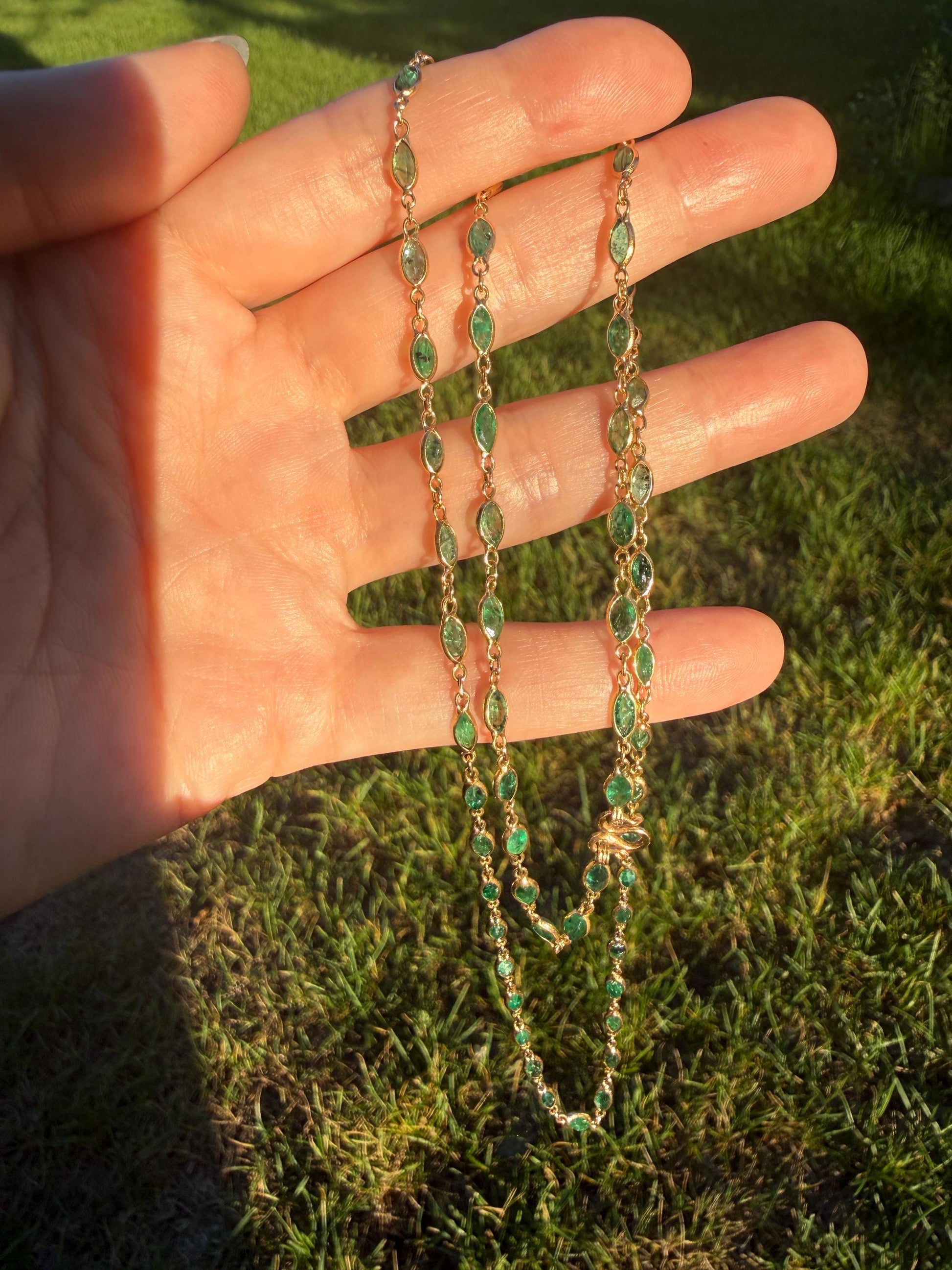 EMERALD 59 Marquise Green Bezel Set Station Chain Necklace 24" Long French Vintage Neckstack