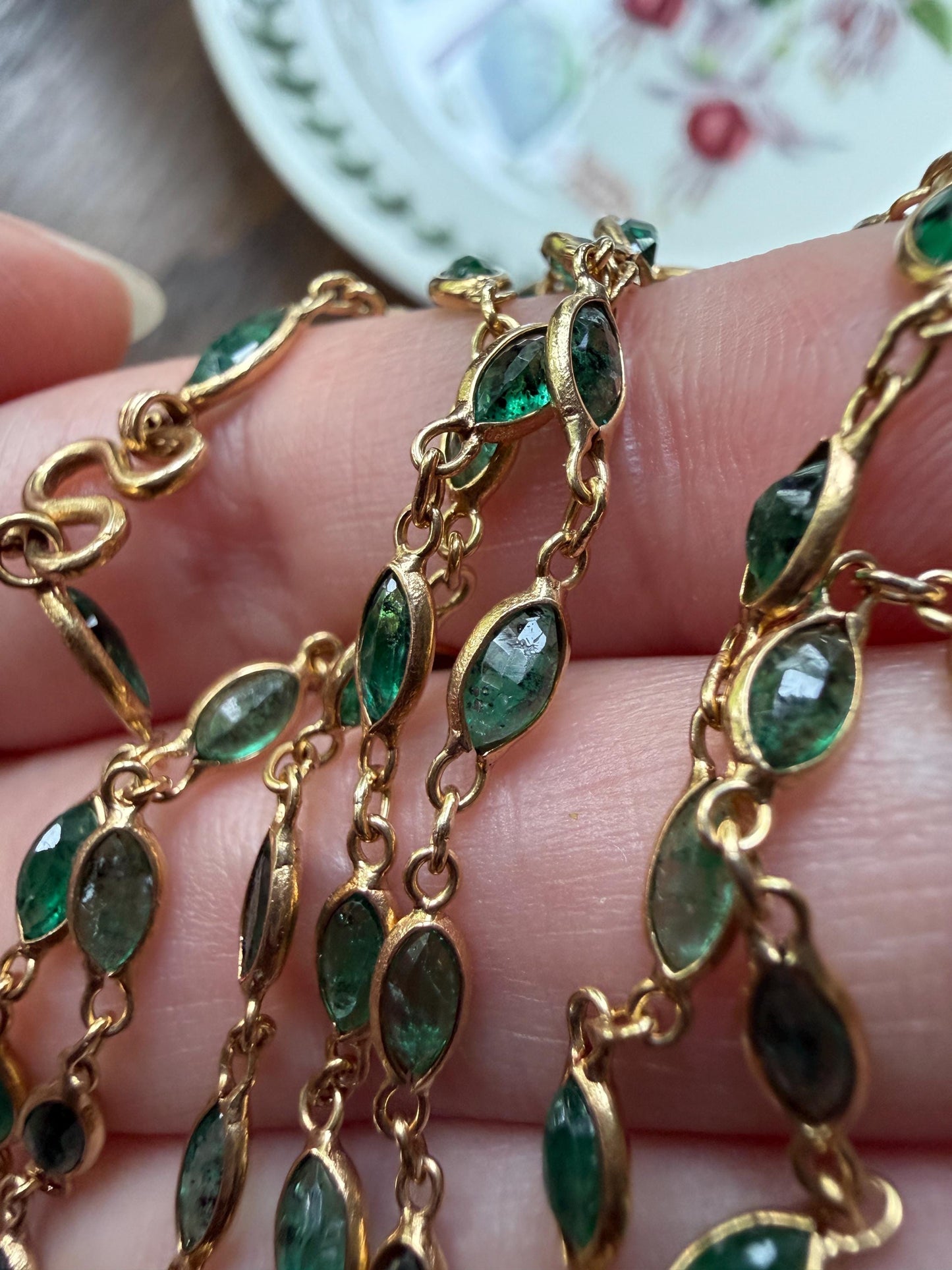 EMERALD 59 Marquise Green Bezel Set Station Chain Necklace 24" Long French Vintage Neckstack
