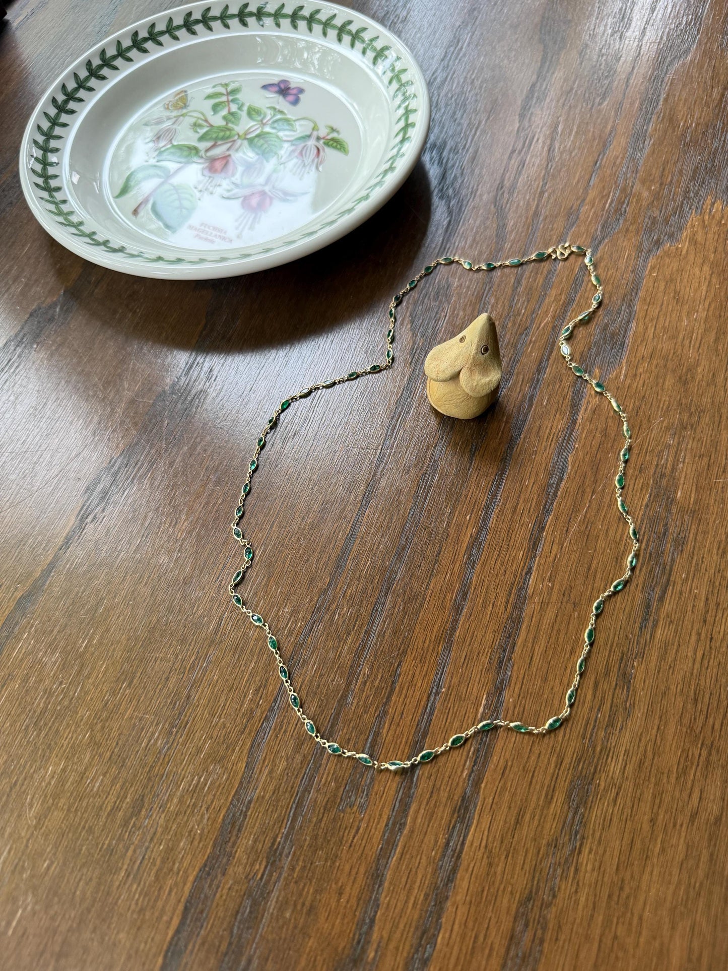 EMERALD 59 Marquise Green Bezel Set Station Chain Necklace 24" Long French Vintage Neckstack