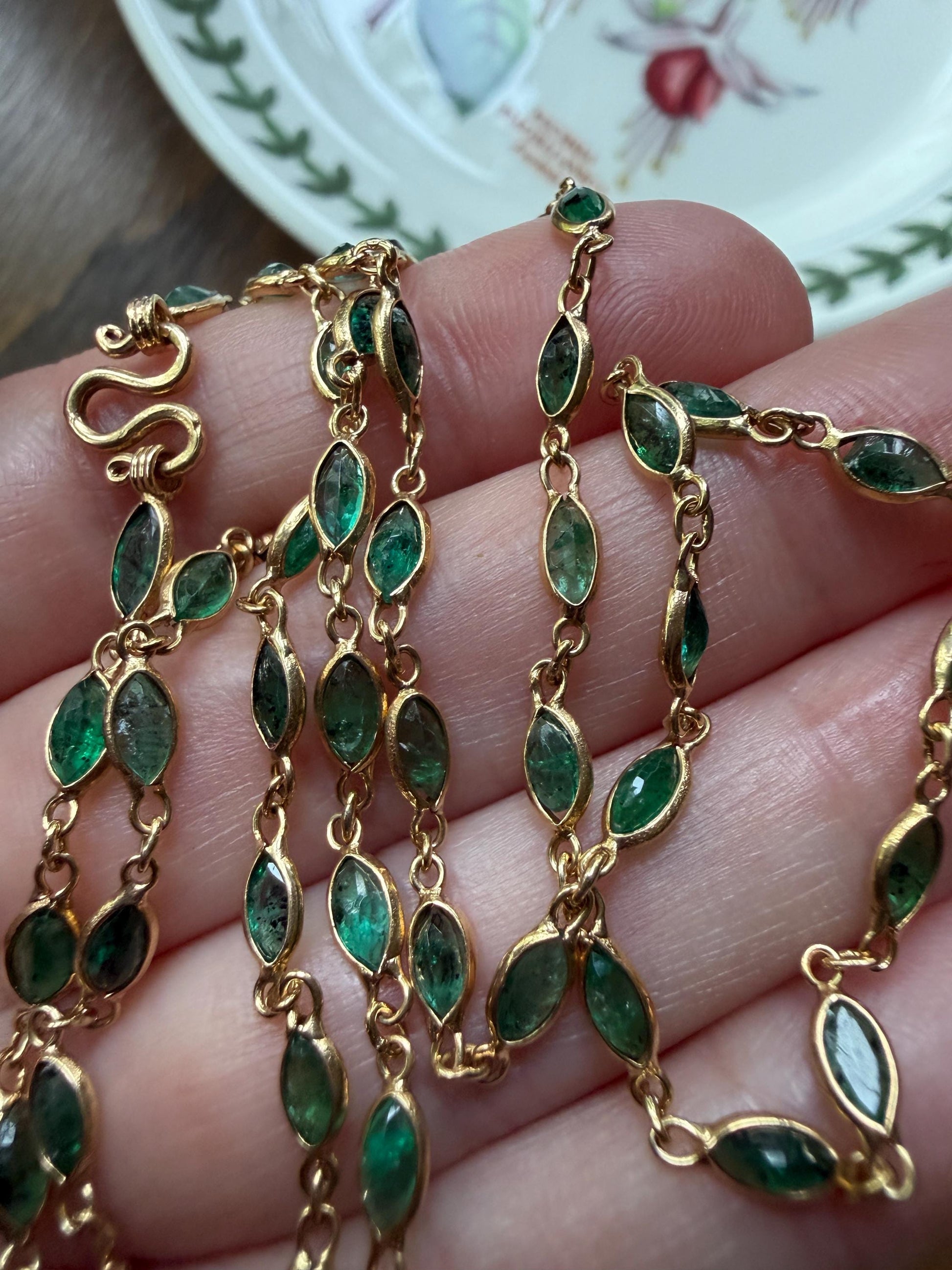 EMERALD 59 Marquise Green Bezel Set Station Chain Necklace 24" Long French Vintage Neckstack