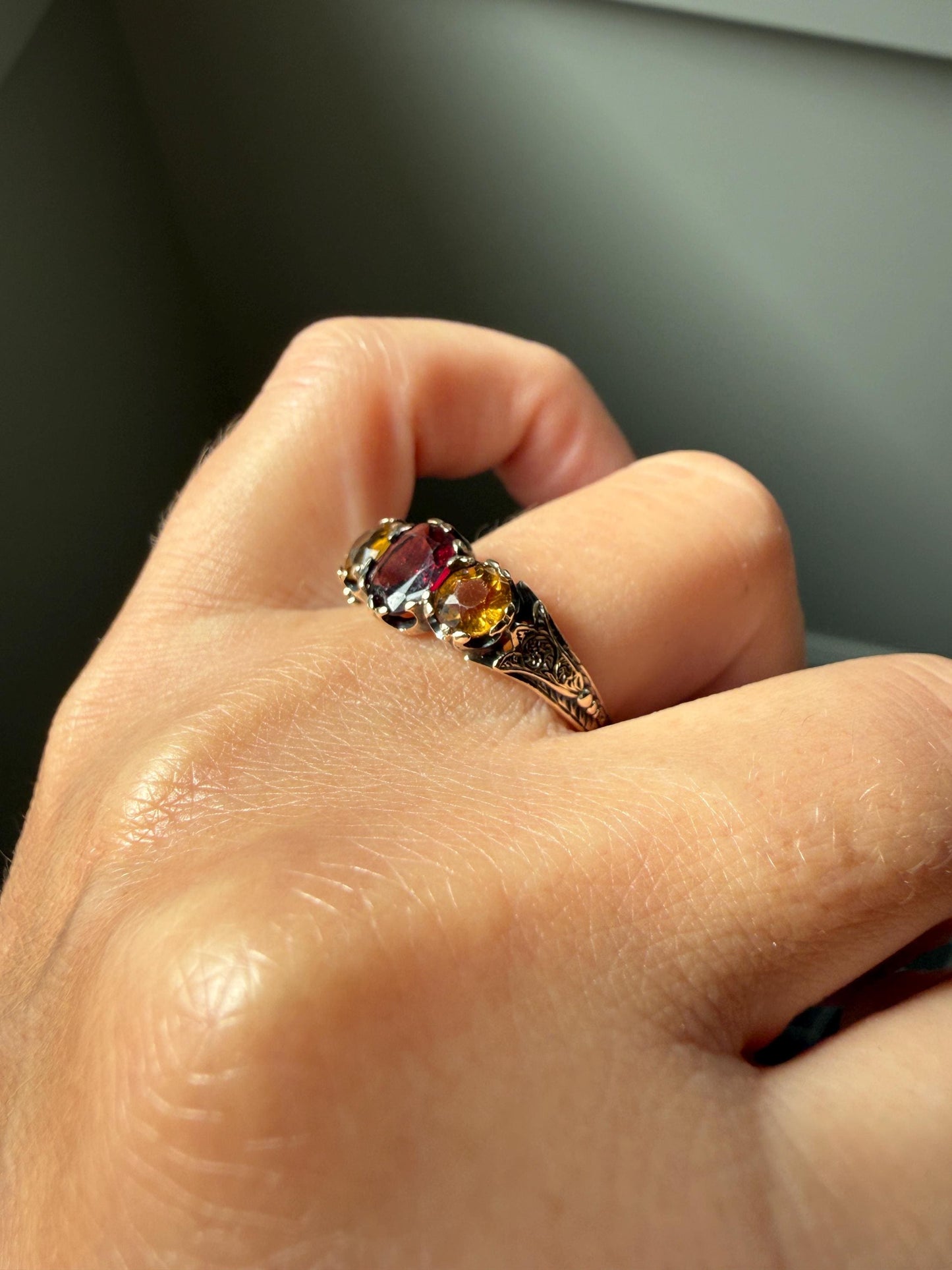 Rare Georgian Era Scottish Antique 14k Gold Three Stone Ring Garnet Citrine Red Yellow 360 Engraved Shank Inverness Known Maker Tulips