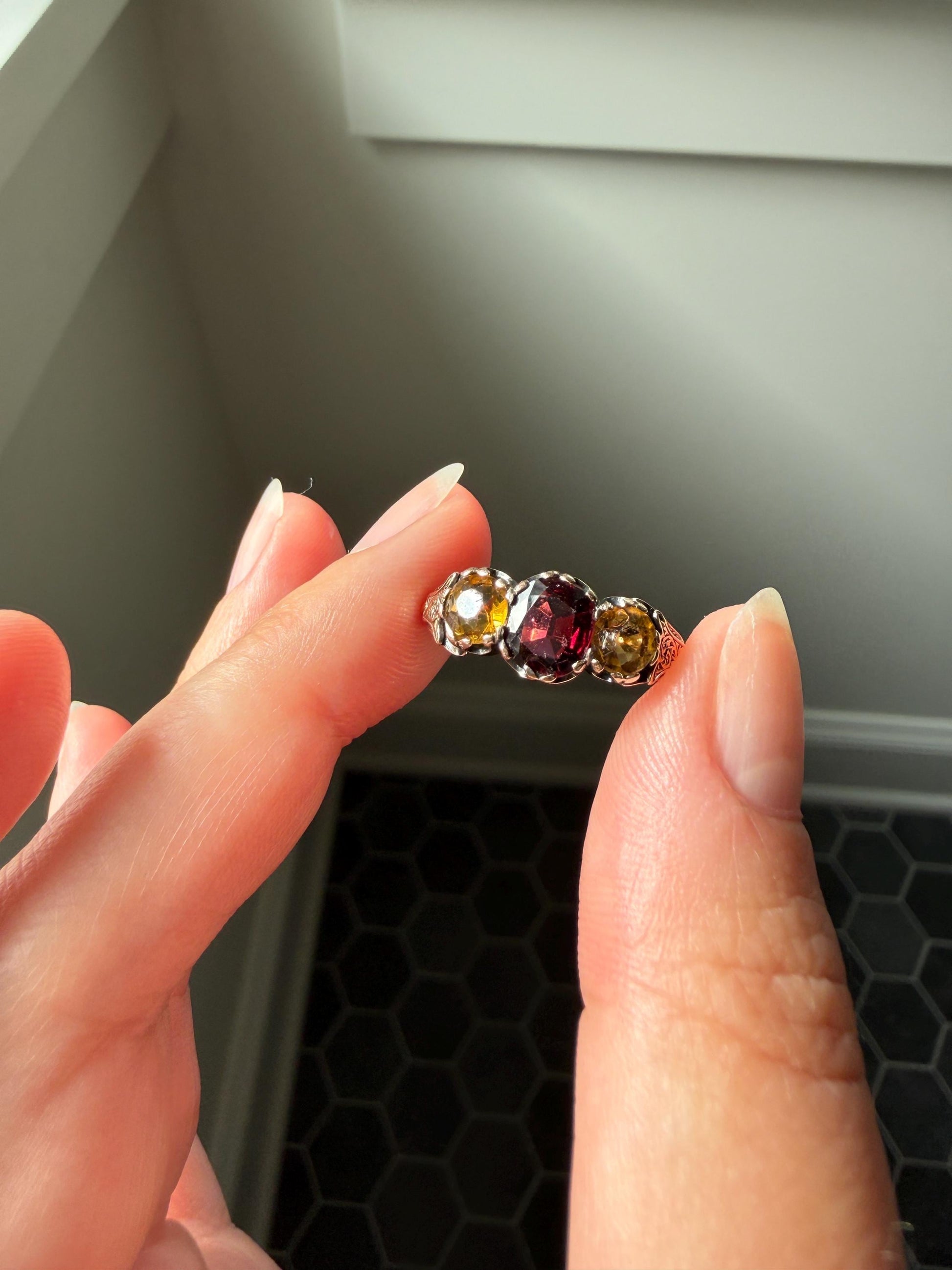Rare Georgian Era Scottish Antique 14k Gold Three Stone Ring Garnet Citrine Red Yellow 360 Engraved Shank Inverness Known Maker Tulips