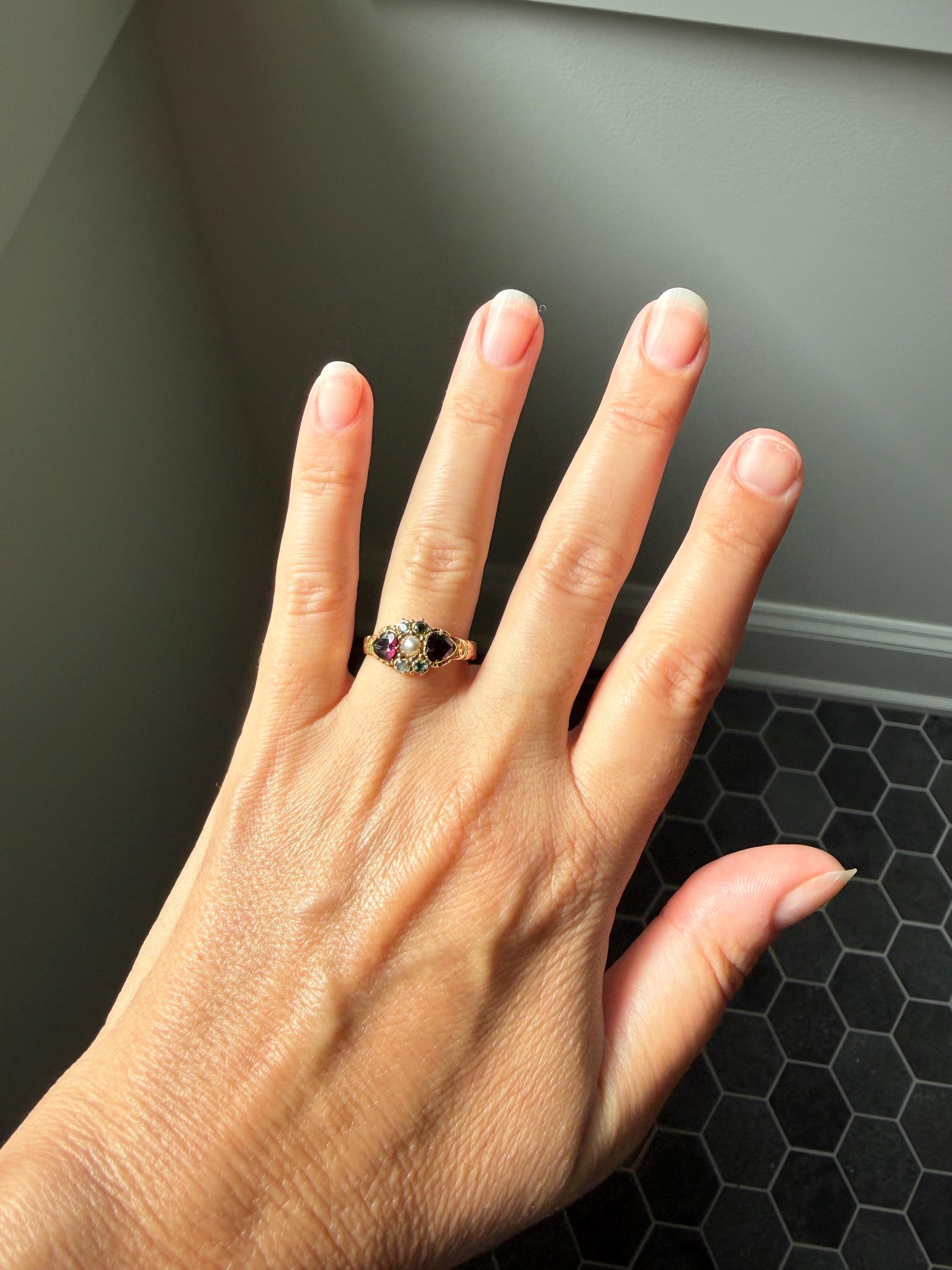 Double HEART Cut Purple GARNET Blue Green Beryl Pearl Antique Love Ring 14k Gold Figural Band Stacker Romantic Gift Victorian Georgian