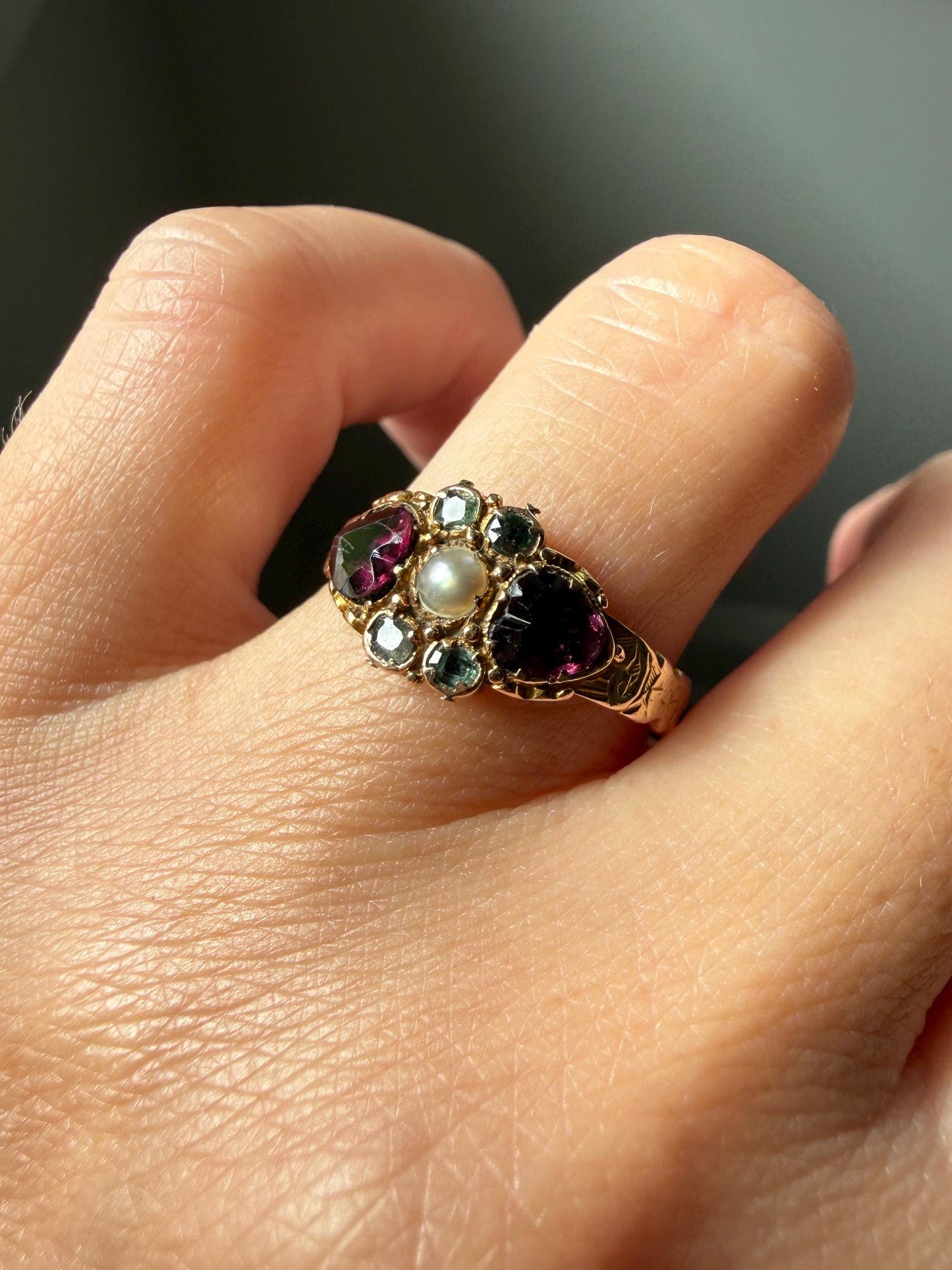 Double HEART Cut Purple GARNET Blue Green Beryl Pearl Antique Love Ring 14k Gold Figural Band Stacker Romantic Gift Victorian Georgian