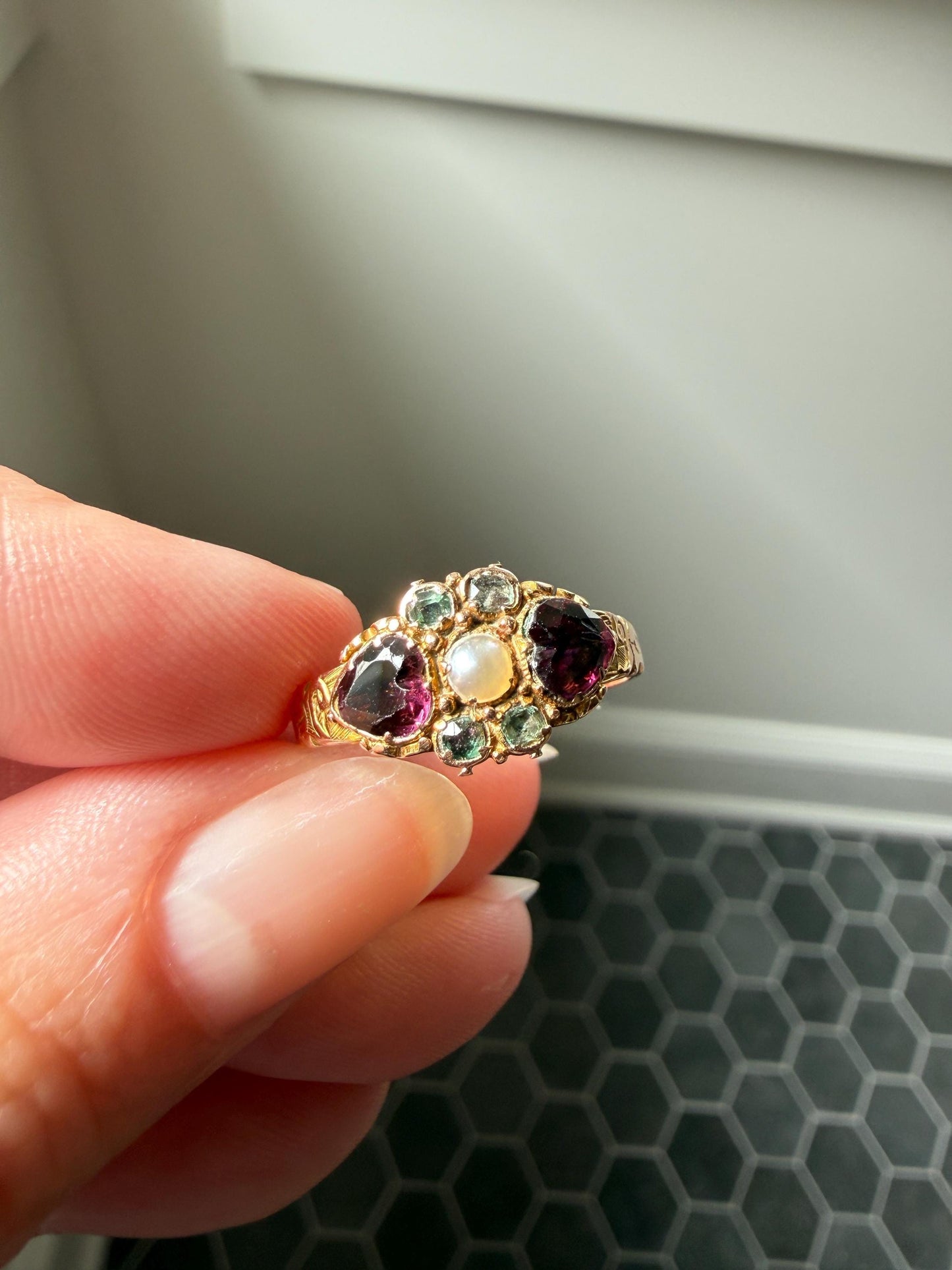 Double HEART Cut Purple GARNET Blue Green Beryl Pearl Antique Love Ring 14k Gold Figural Band Stacker Romantic Gift Victorian Georgian