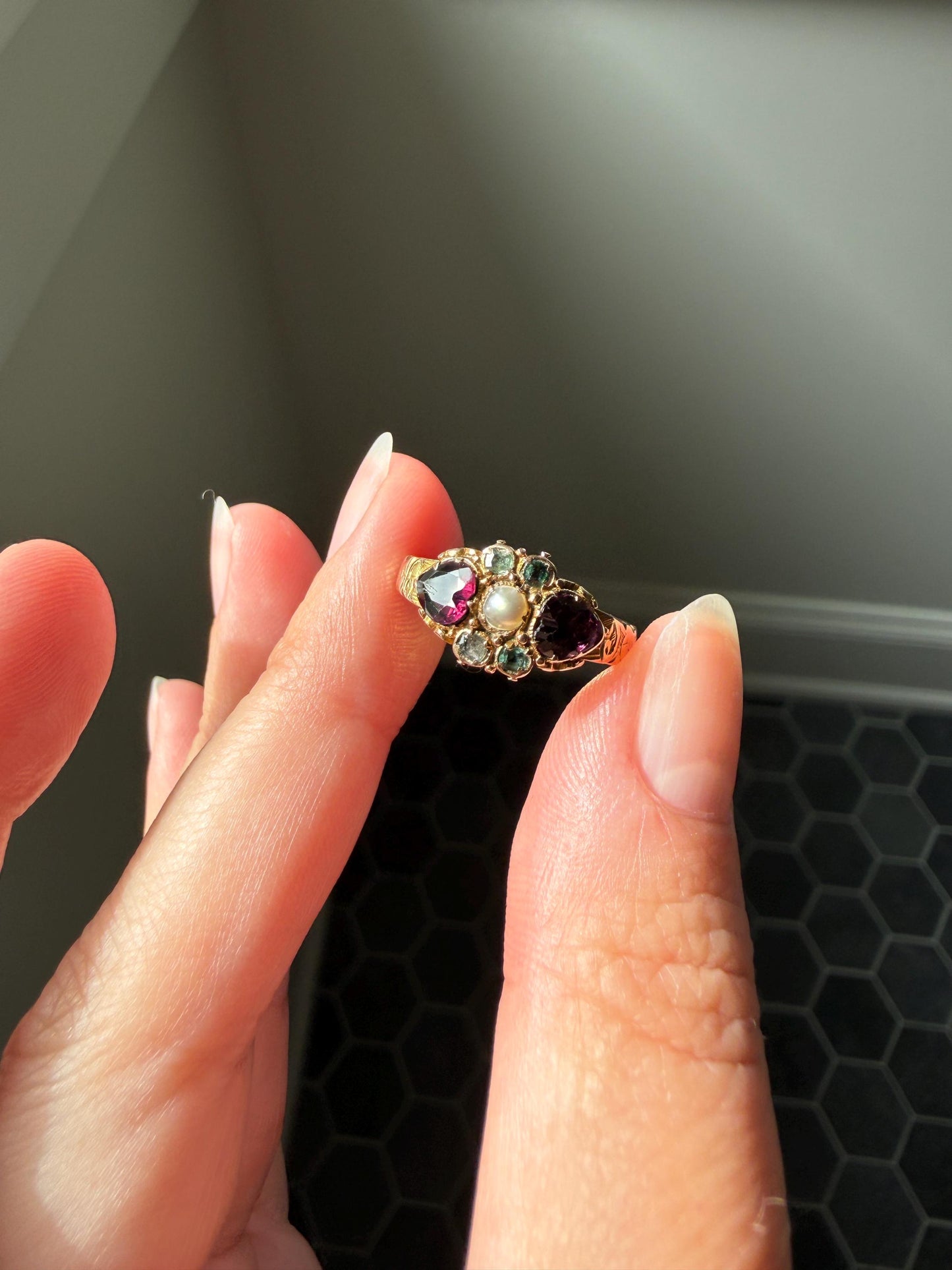 Double HEART Cut Purple GARNET Blue Green Beryl Pearl Antique Love Ring 14k Gold Figural Band Stacker Romantic Gift Victorian Georgian