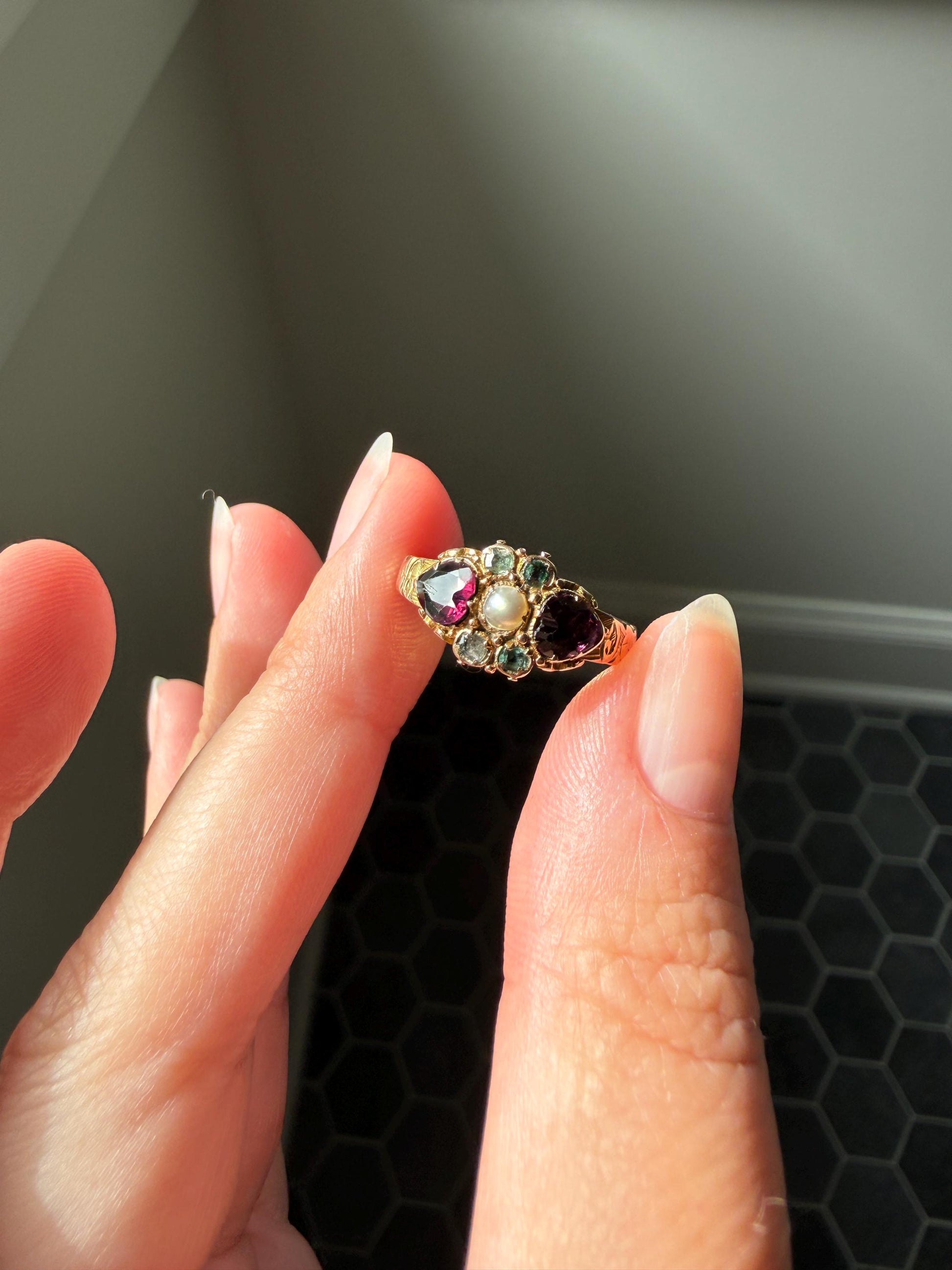 Double HEART Cut Purple GARNET Blue Green Beryl Pearl Antique Love Ring 14k Gold Figural Band Stacker Romantic Gift Victorian Georgian