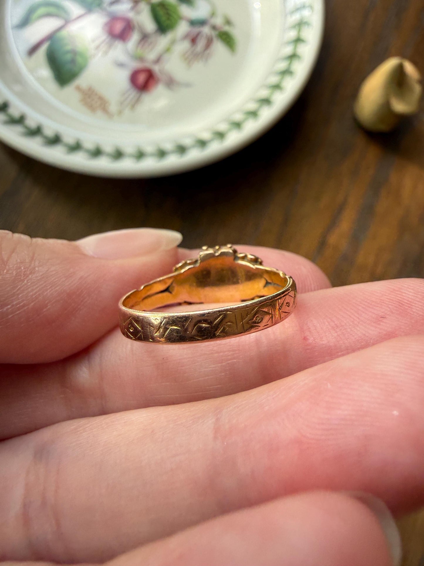 Double HEART Cut Purple GARNET Blue Green Beryl Pearl Antique Love Ring 14k Gold Figural Band Stacker Romantic Gift Victorian Georgian