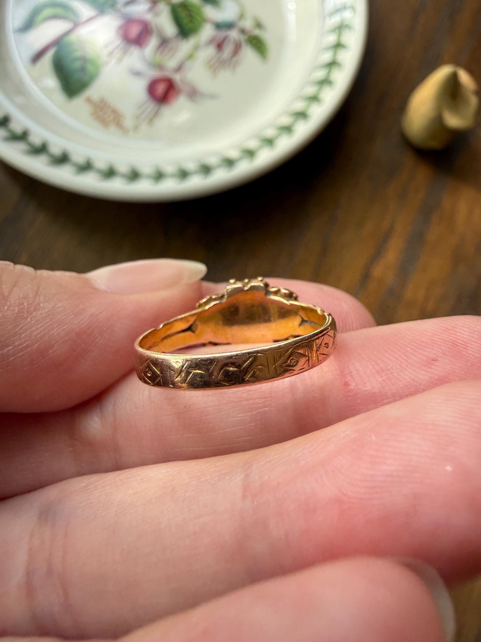 Double HEART Cut Purple GARNET Blue Green Beryl Pearl Antique Love Ring 14k Gold Figural Band Stacker Romantic Gift Victorian Georgian