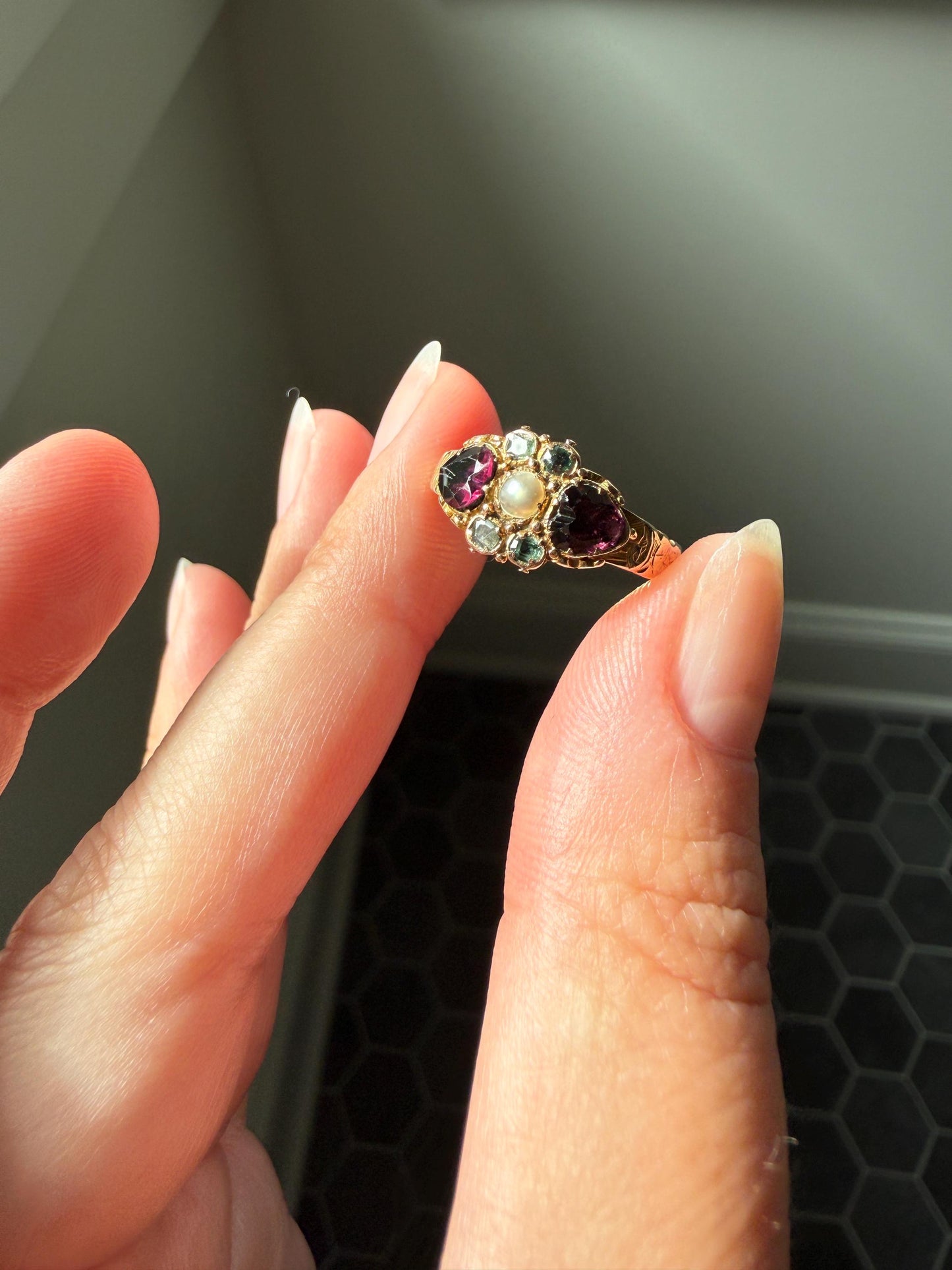 Double HEART Cut Purple GARNET Blue Green Beryl Pearl Antique Love Ring 14k Gold Figural Band Stacker Romantic Gift Victorian Georgian