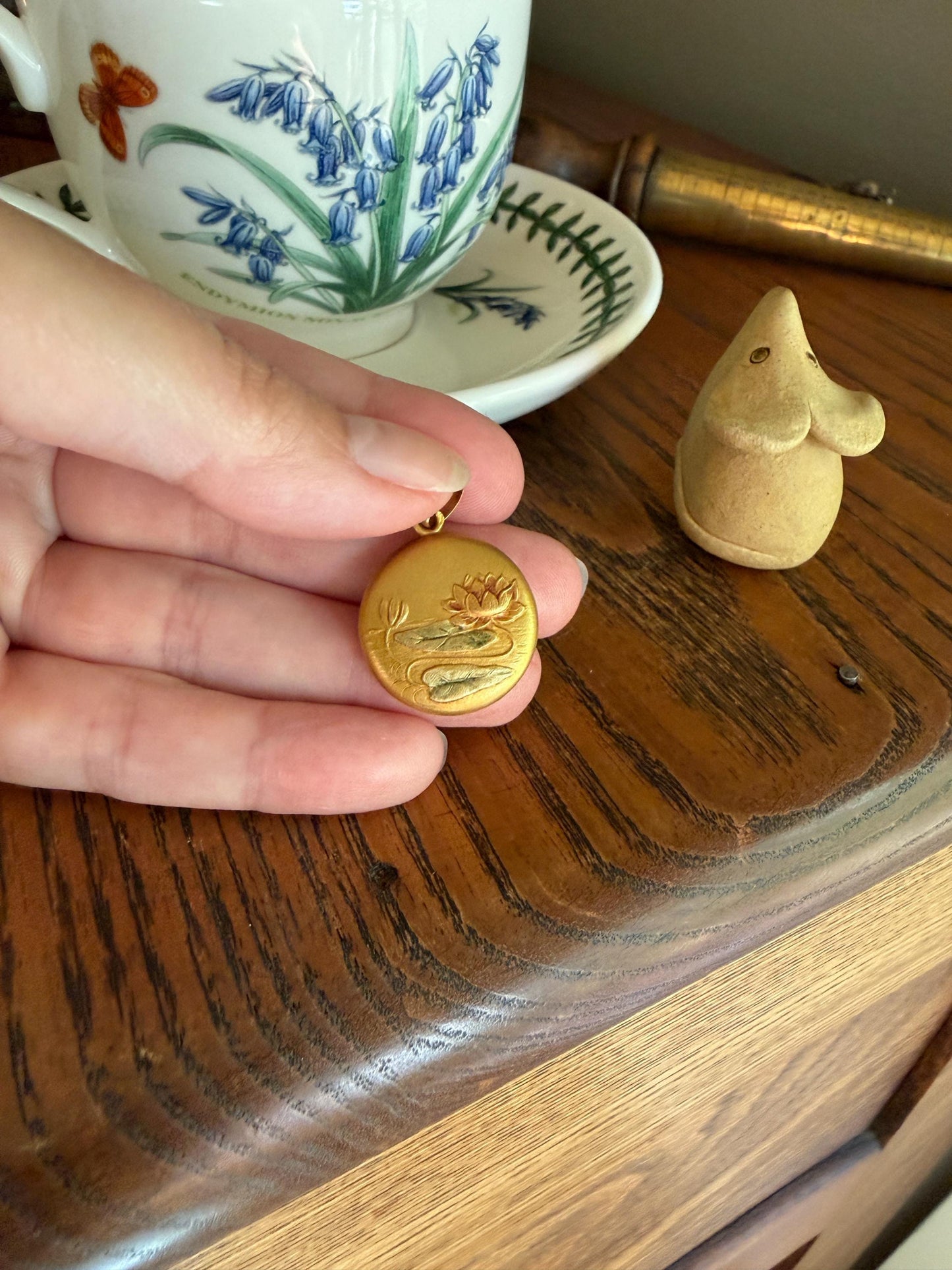 LILYPAD Antique Water Lily French Art Nouveau 18k Gold Reversible Pendant Medallion Puffy Circle Red Green Enamel Belle Epoque Floral