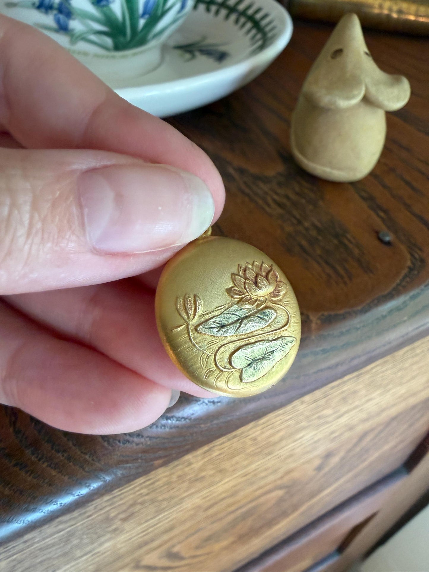 LILYPAD Antique Water Lily French Art Nouveau 18k Gold Reversible Pendant Medallion Puffy Circle Red Green Enamel Belle Epoque Floral