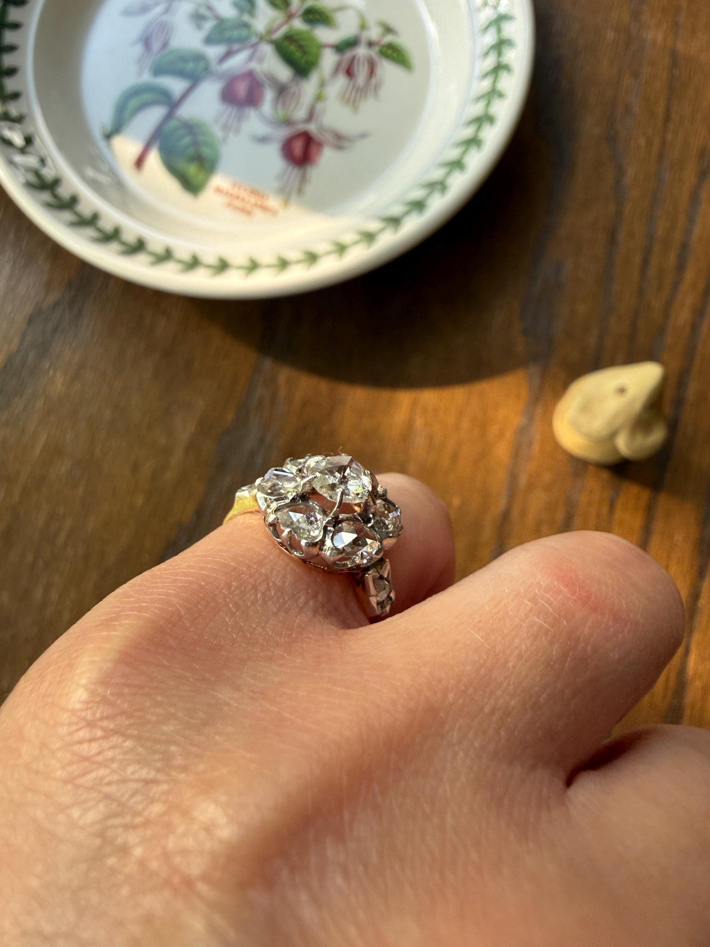 Antique Rose Cut DIAMOND Daisy Cluster Ring French Victorian Era Hallmark 18k Gold 2.5 Carats Face Up Pinky Stacker Gift