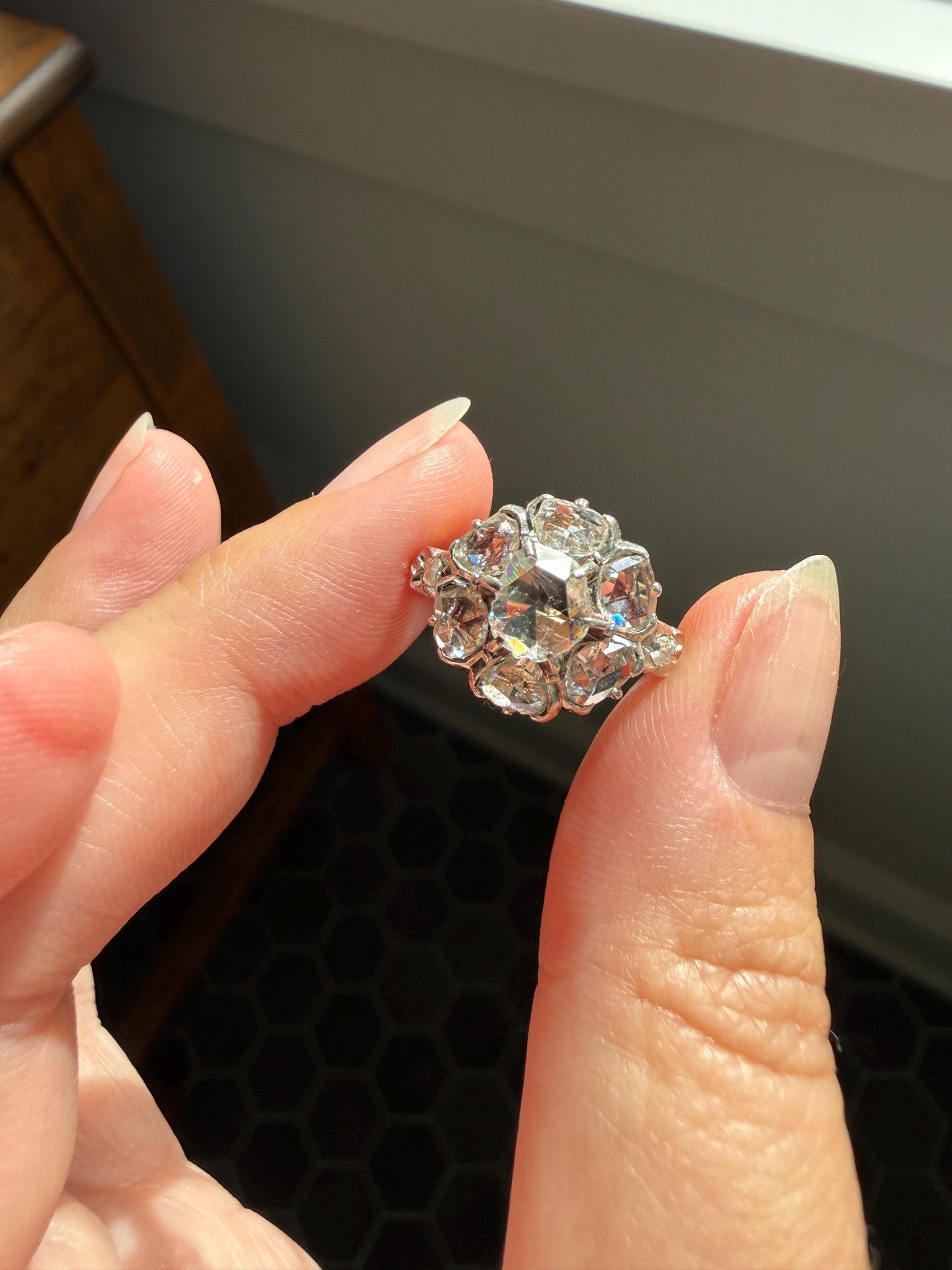 Antique Rose Cut DIAMOND Daisy Cluster Ring French Victorian Era Hallmark 18k Gold 2.5 Carats Face Up Pinky Stacker Gift