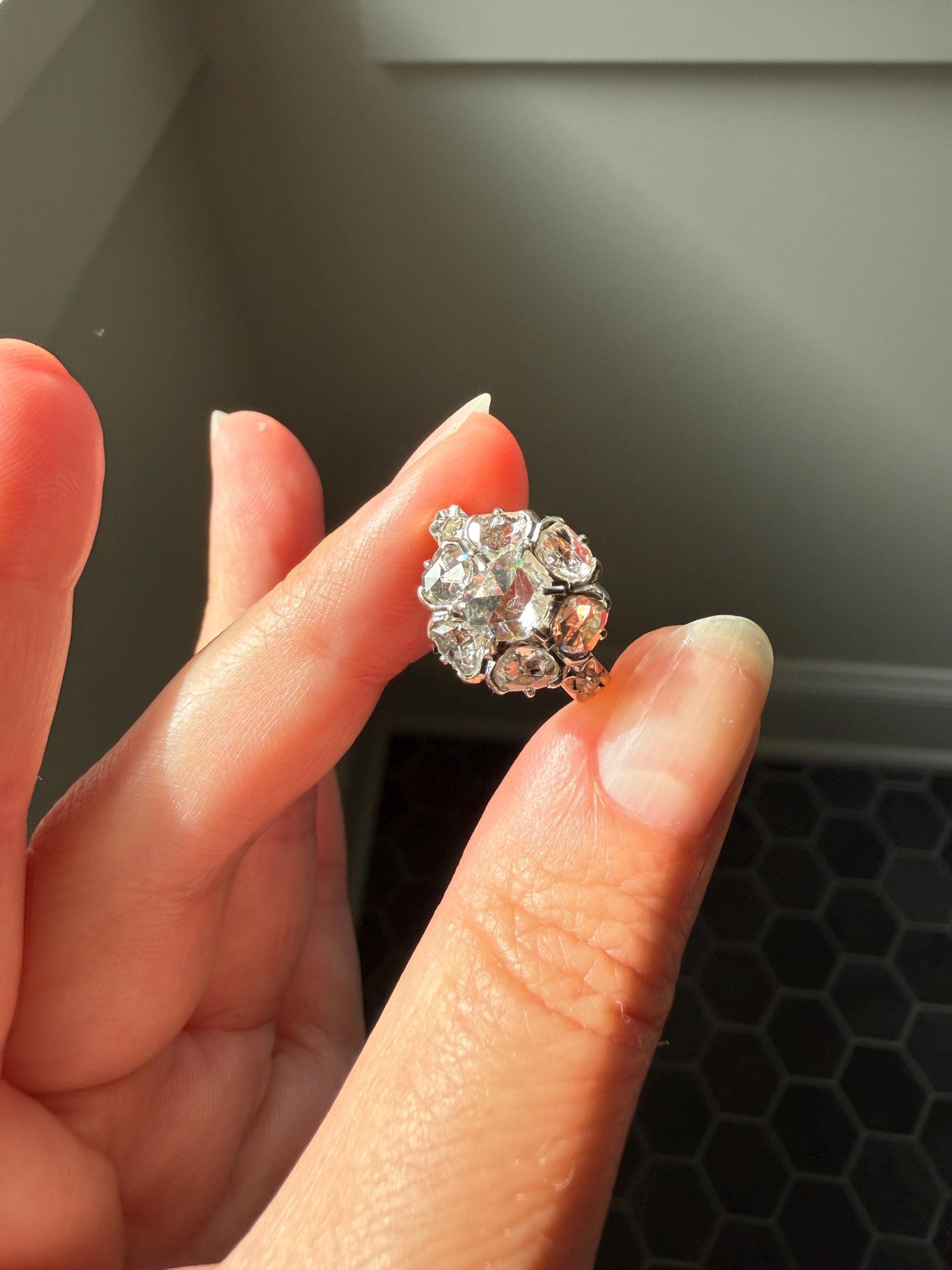 Antique Rose Cut DIAMOND Daisy Cluster Ring French Victorian Era Hallmark 18k Gold 2.5 Carats Face Up Pinky Stacker Gift
