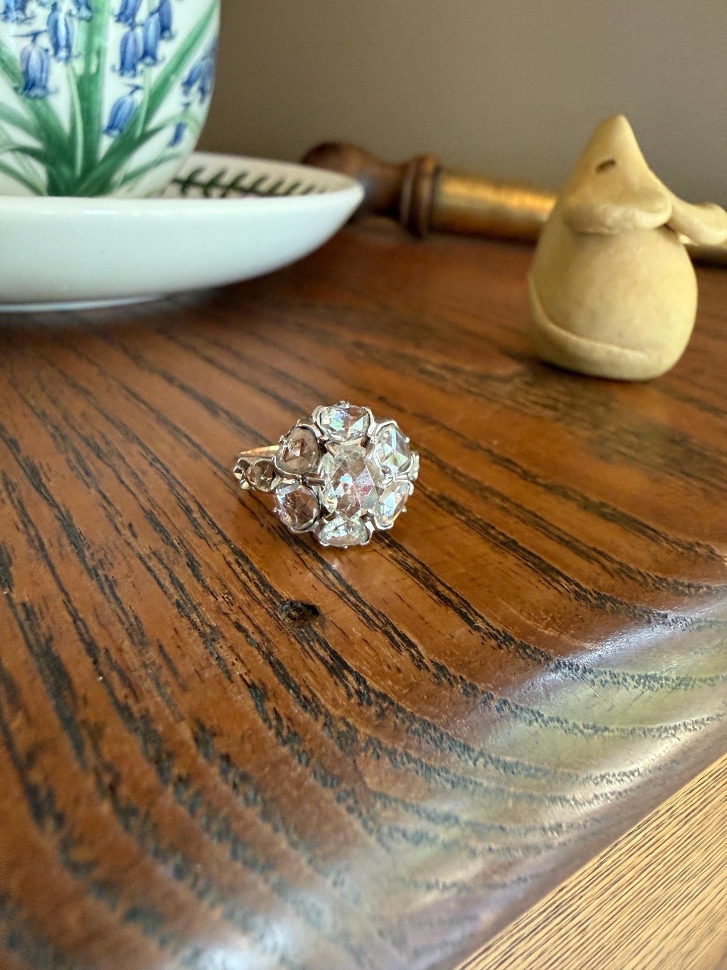 Antique Rose Cut DIAMOND Daisy Cluster Ring French Victorian Era Hallmark 18k Gold 2.5 Carats Face Up Pinky Stacker Gift