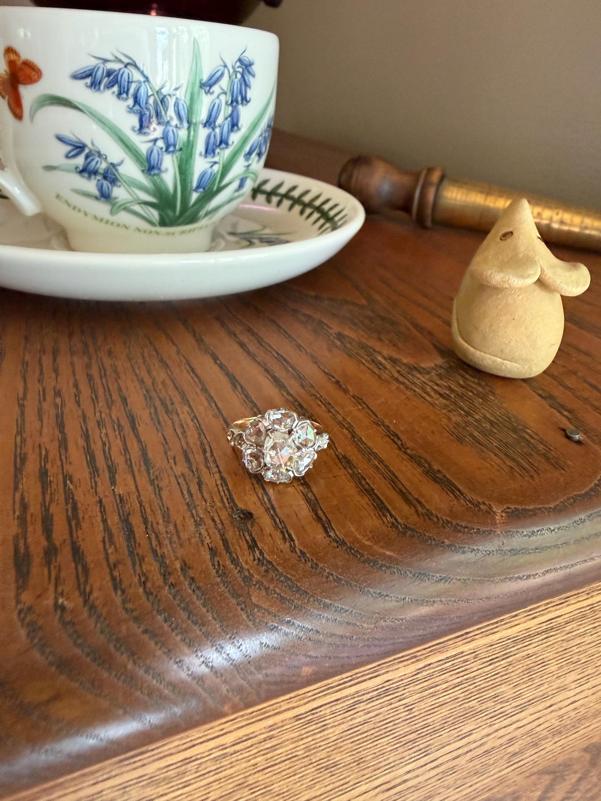 Antique Rose Cut DIAMOND Daisy Cluster Ring French Victorian Era Hallmark 18k Gold 2.5 Carats Face Up Pinky Stacker Gift