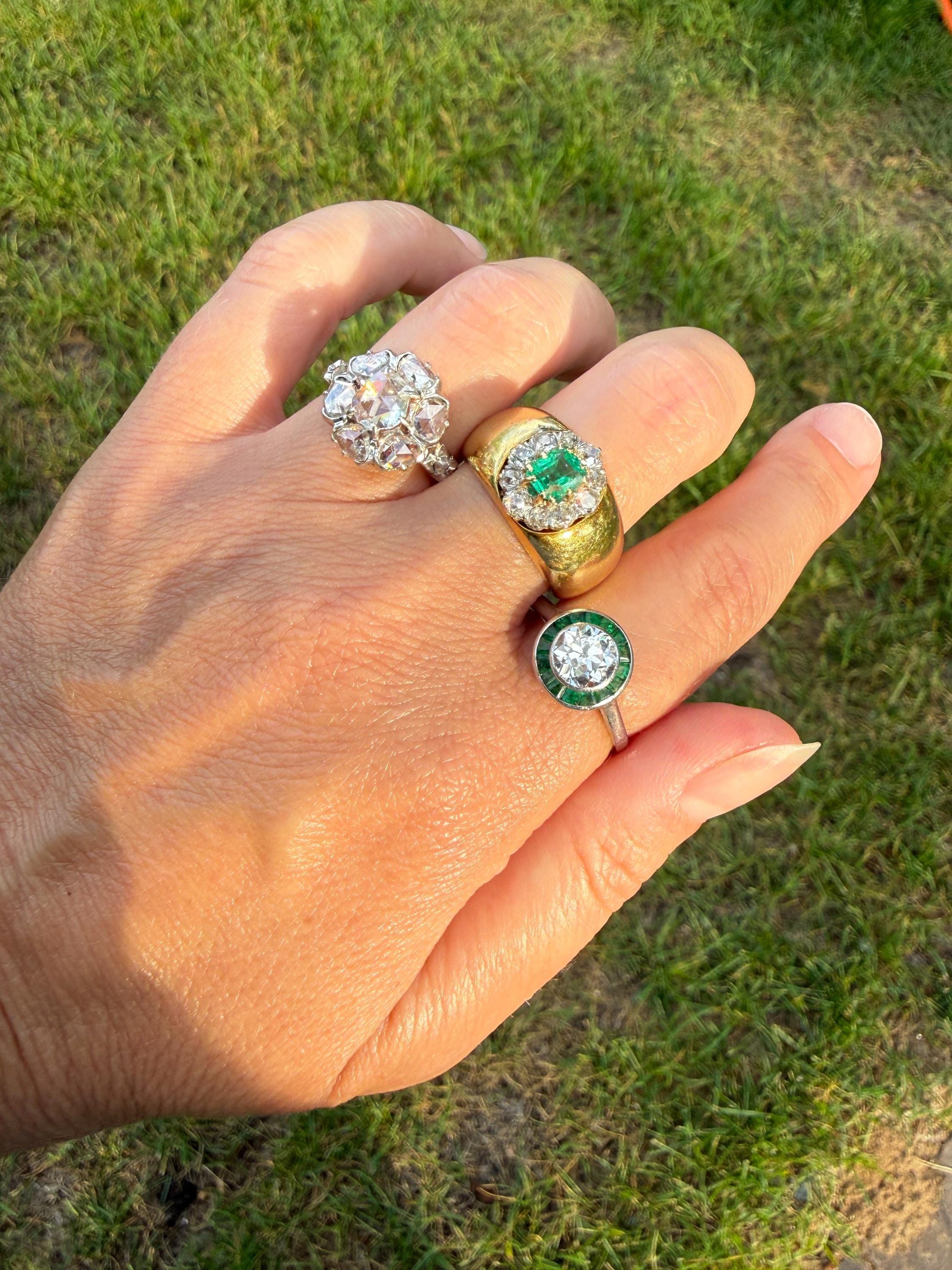 HEAVY Antique French 11.3g 18k Gold Wide Band Natural Emerald .75 Carat Old Mine Cut Diamond Halo Cluster