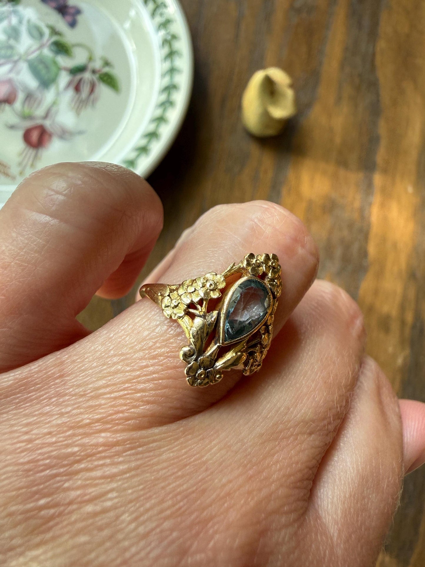 Forget Me Not AQUAMARINE Antique Belle Epoque FLORAL 18k Gold French Victorian Flower Garland Ring Pear Teardrop Pale Blue Bezel Set