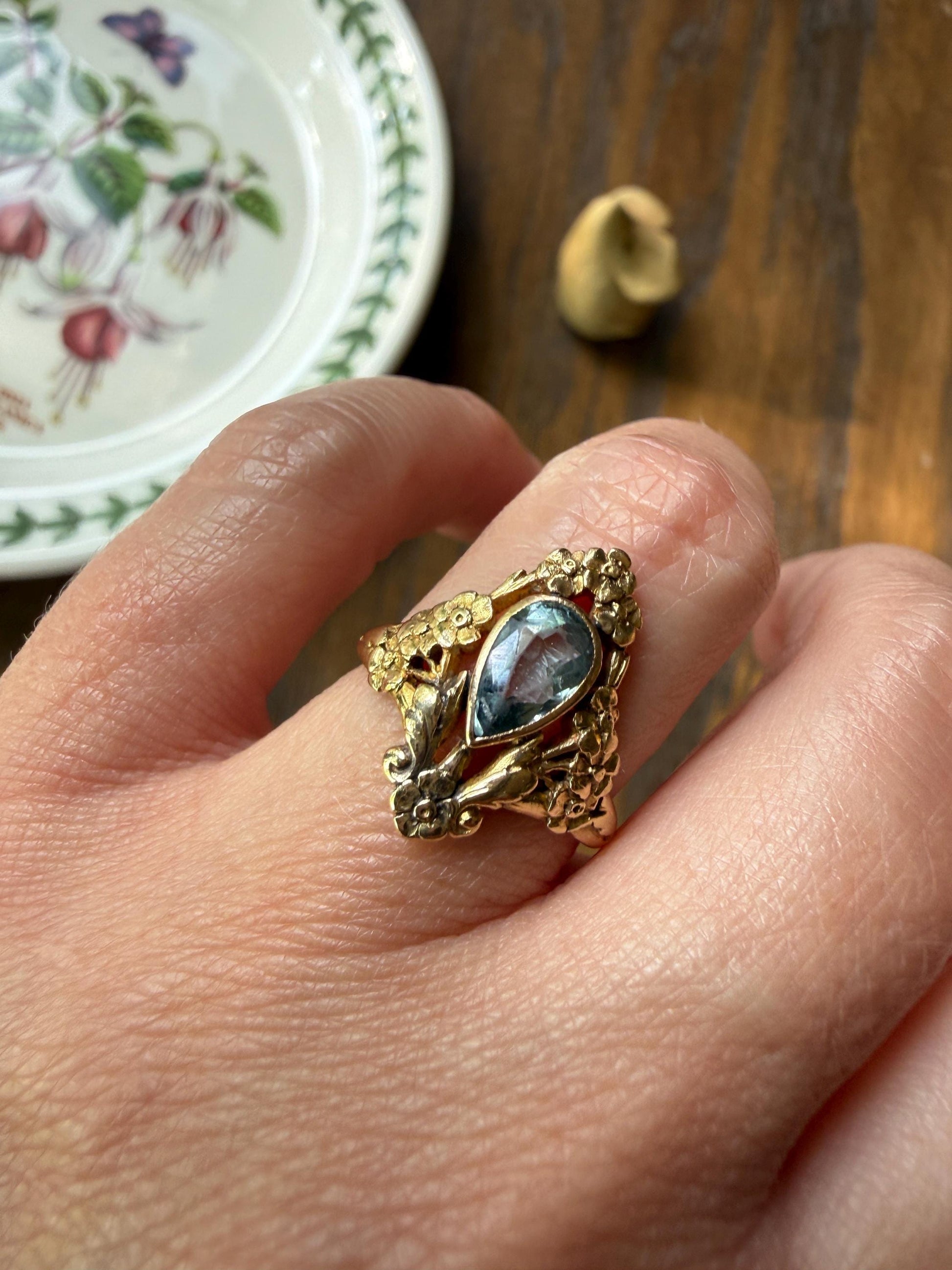 Forget Me Not AQUAMARINE Antique Belle Epoque FLORAL 18k Gold French Victorian Flower Garland Ring Pear Teardrop Pale Blue Bezel Set