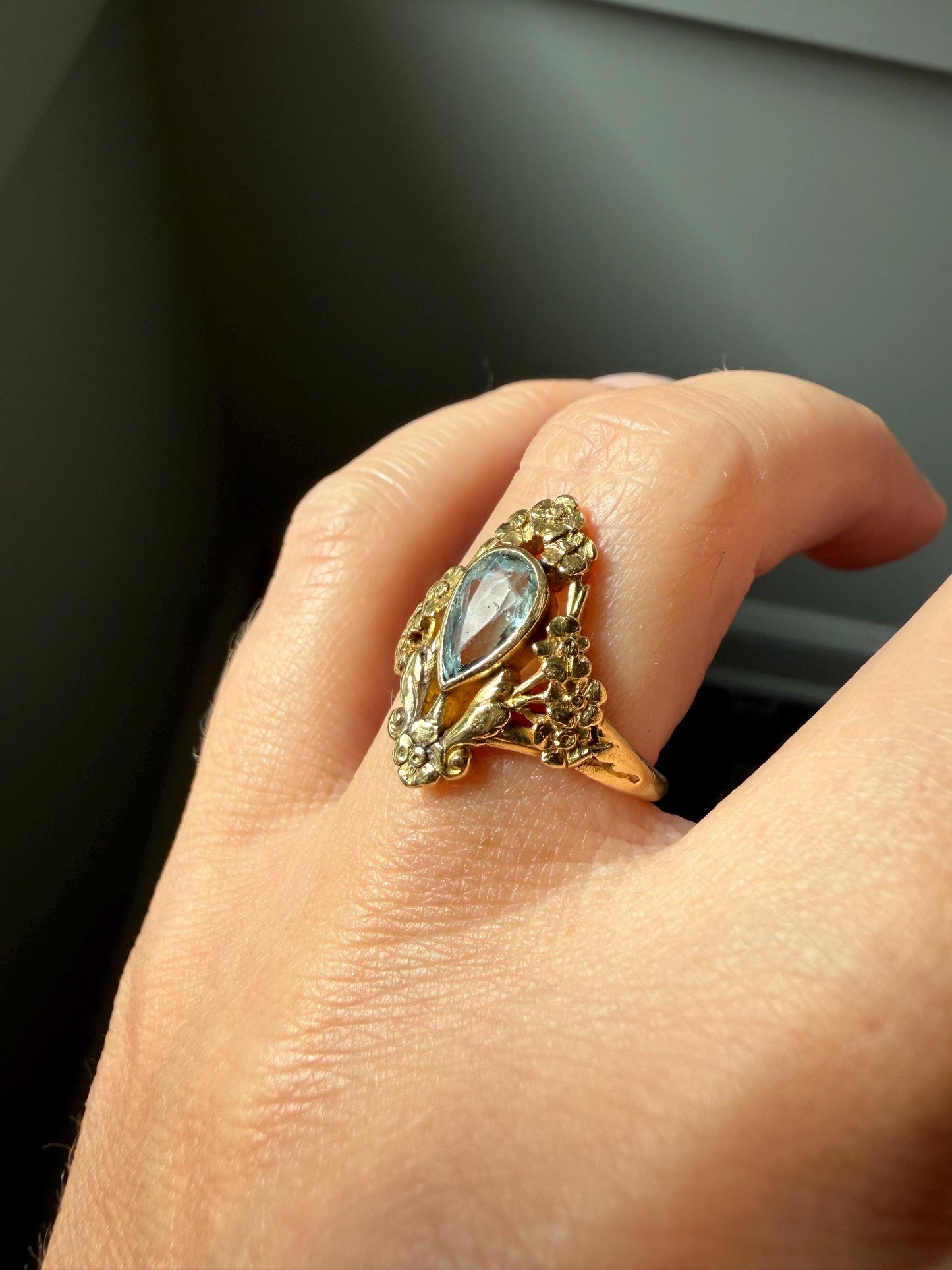 Forget Me Not AQUAMARINE Antique Belle Epoque FLORAL 18k Gold French Victorian Flower Garland Ring Pear Teardrop Pale Blue Bezel Set