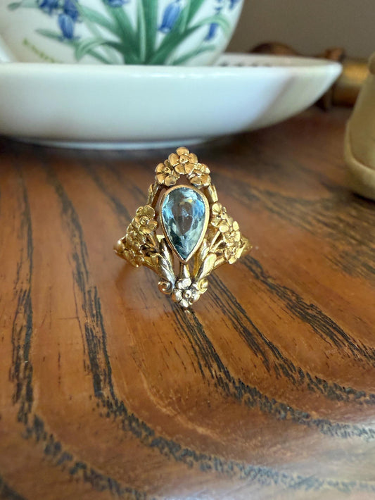 Forget Me Not AQUAMARINE Antique Belle Epoque FLORAL 18k Gold French Victorian Flower Garland Ring Pear Teardrop Pale Blue Bezel Set