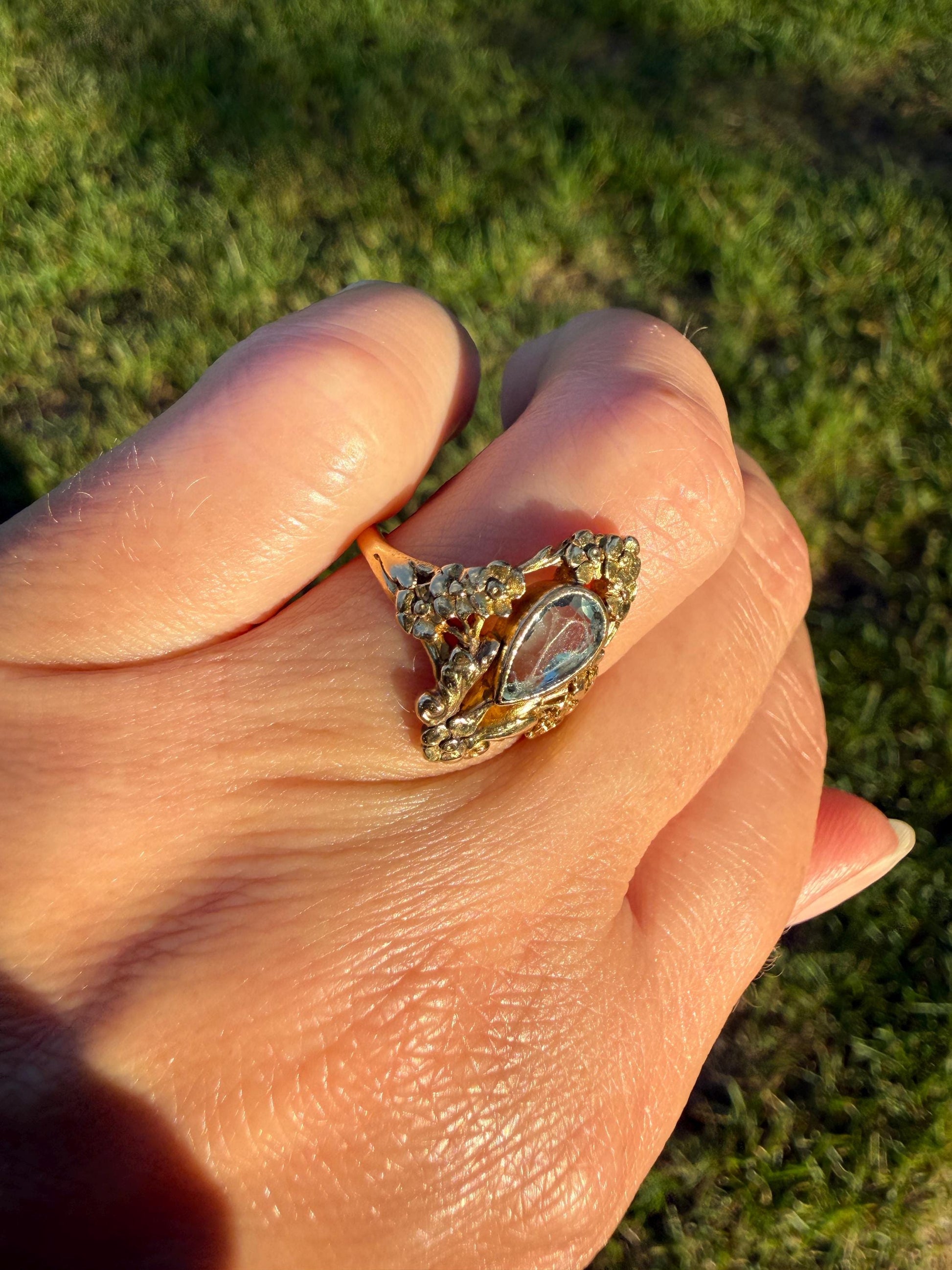 Forget Me Not AQUAMARINE Antique Belle Epoque FLORAL 18k Gold French Victorian Flower Garland Ring Pear Teardrop Pale Blue Bezel Set
