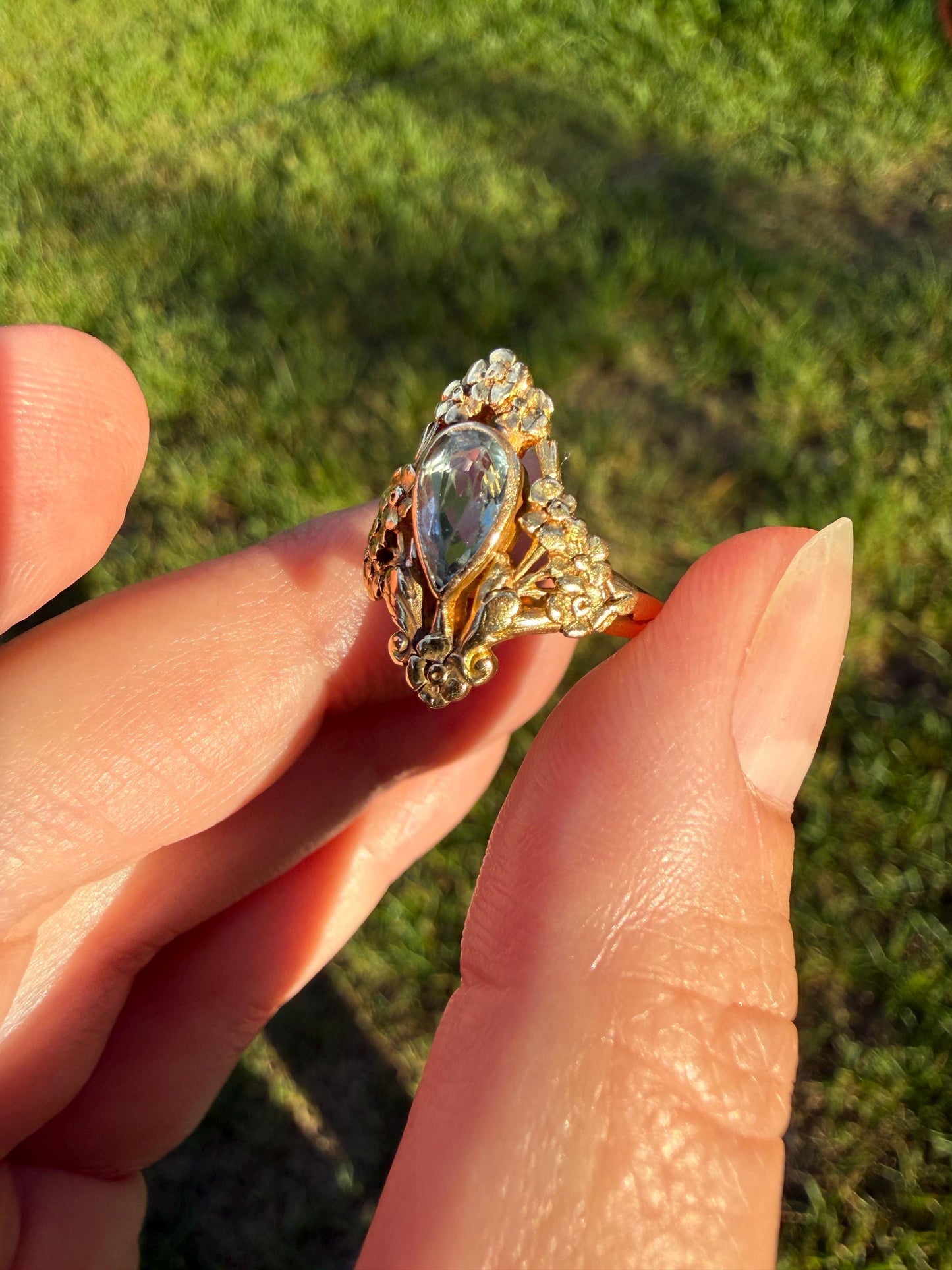 Forget Me Not AQUAMARINE Antique Belle Epoque FLORAL 18k Gold French Victorian Flower Garland Ring Pear Teardrop Pale Blue Bezel Set