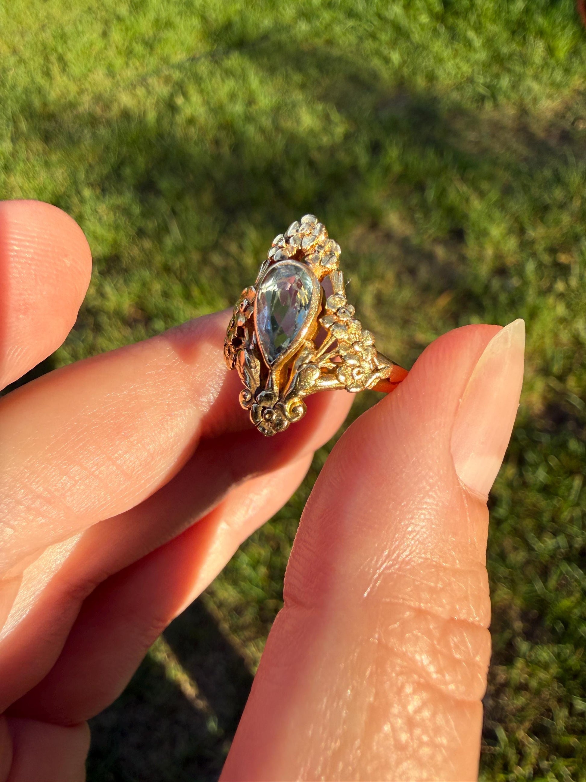Forget Me Not AQUAMARINE Antique Belle Epoque FLORAL 18k Gold French Victorian Flower Garland Ring Pear Teardrop Pale Blue Bezel Set