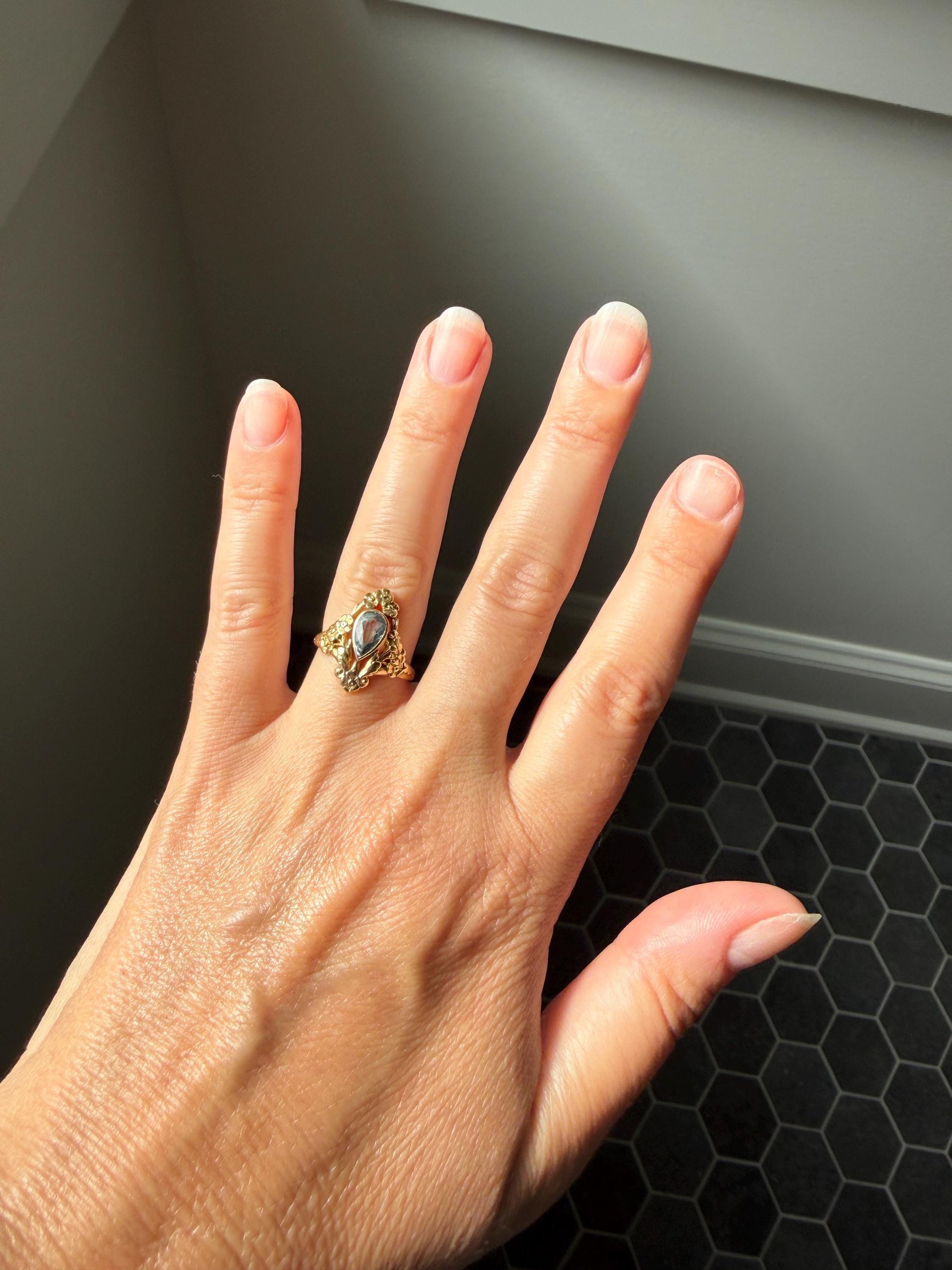 Forget Me Not AQUAMARINE Antique Belle Epoque FLORAL 18k Gold French Victorian Flower Garland Ring Pear Teardrop Pale Blue Bezel Set