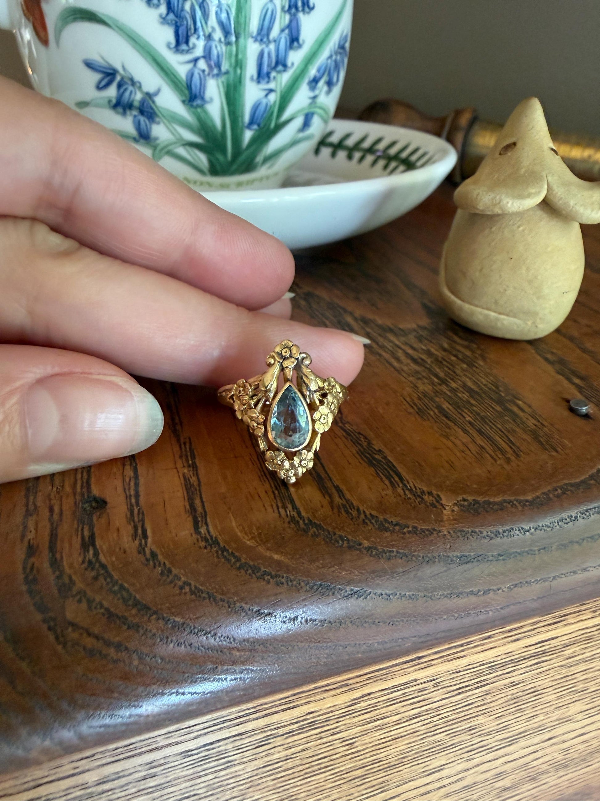 Forget Me Not AQUAMARINE Antique Belle Epoque FLORAL 18k Gold French Victorian Flower Garland Ring Pear Teardrop Pale Blue Bezel Set