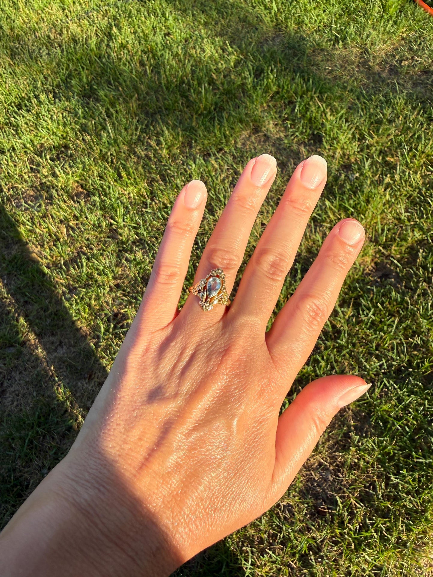 Forget Me Not AQUAMARINE Antique Belle Epoque FLORAL 18k Gold French Victorian Flower Garland Ring Pear Teardrop Pale Blue Bezel Set