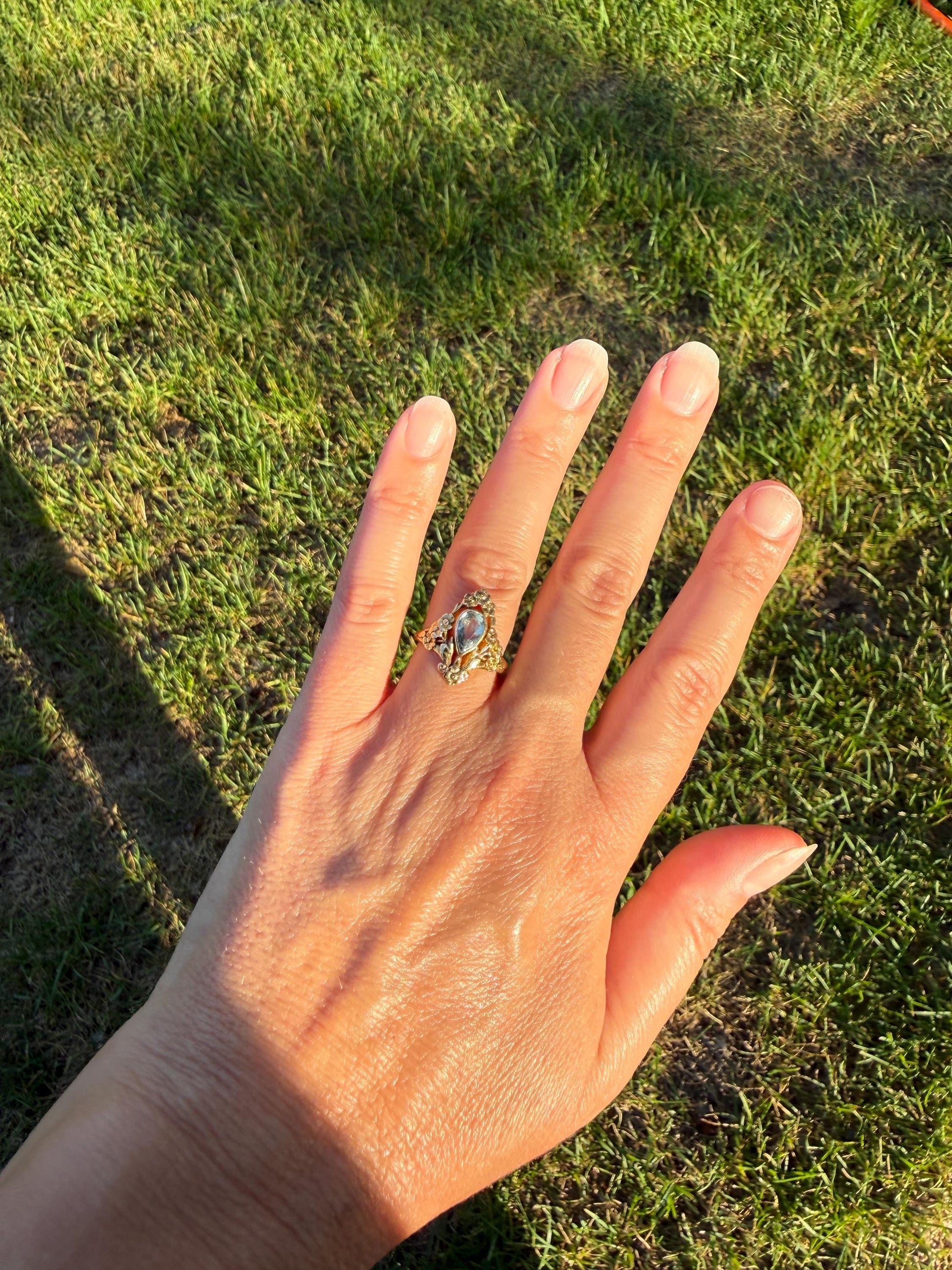 Forget Me Not AQUAMARINE Antique Belle Epoque FLORAL 18k Gold French Victorian Flower Garland Ring Pear Teardrop Pale Blue Bezel Set