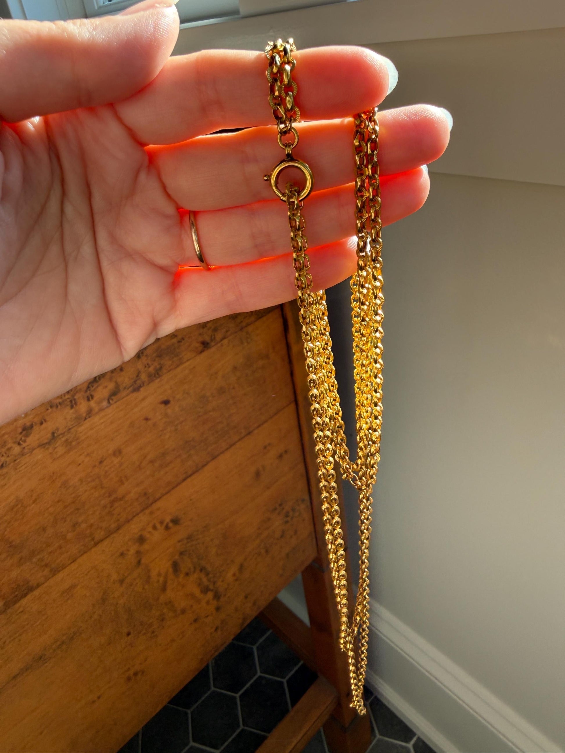 French VICTORIAN Era 17g 18k Gold Solid X- Long Guard Alternating Ribbed Link Muff Body Double Chain Necklace Pendant Holder Bracelet