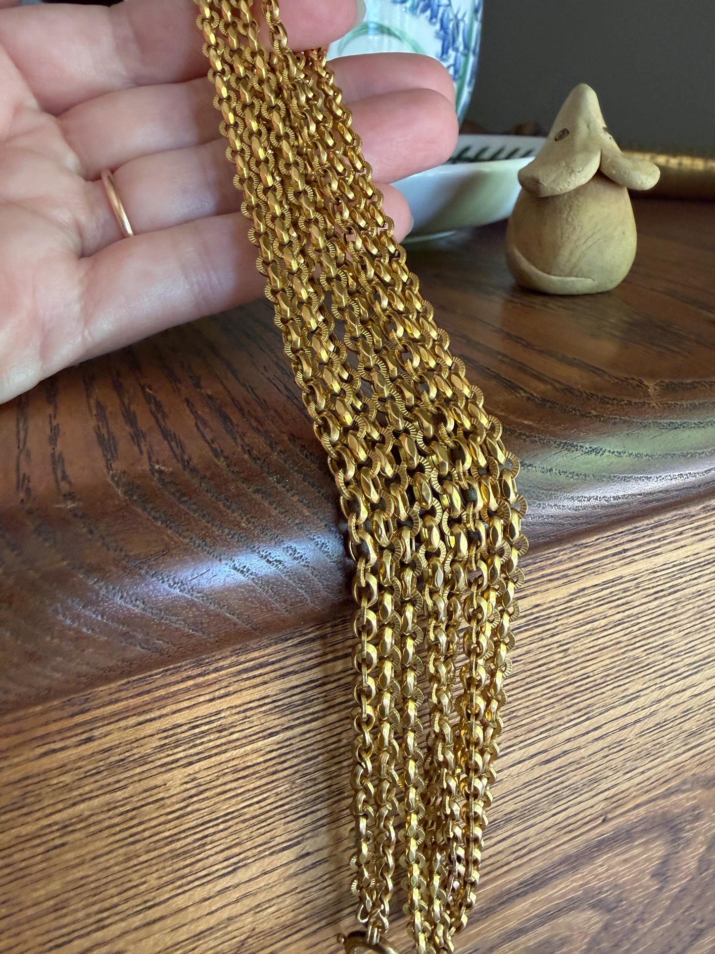 French VICTORIAN Era 17g 18k Gold Solid X- Long Guard Alternating Ribbed Link Muff Body Double Chain Necklace Pendant Holder Bracelet